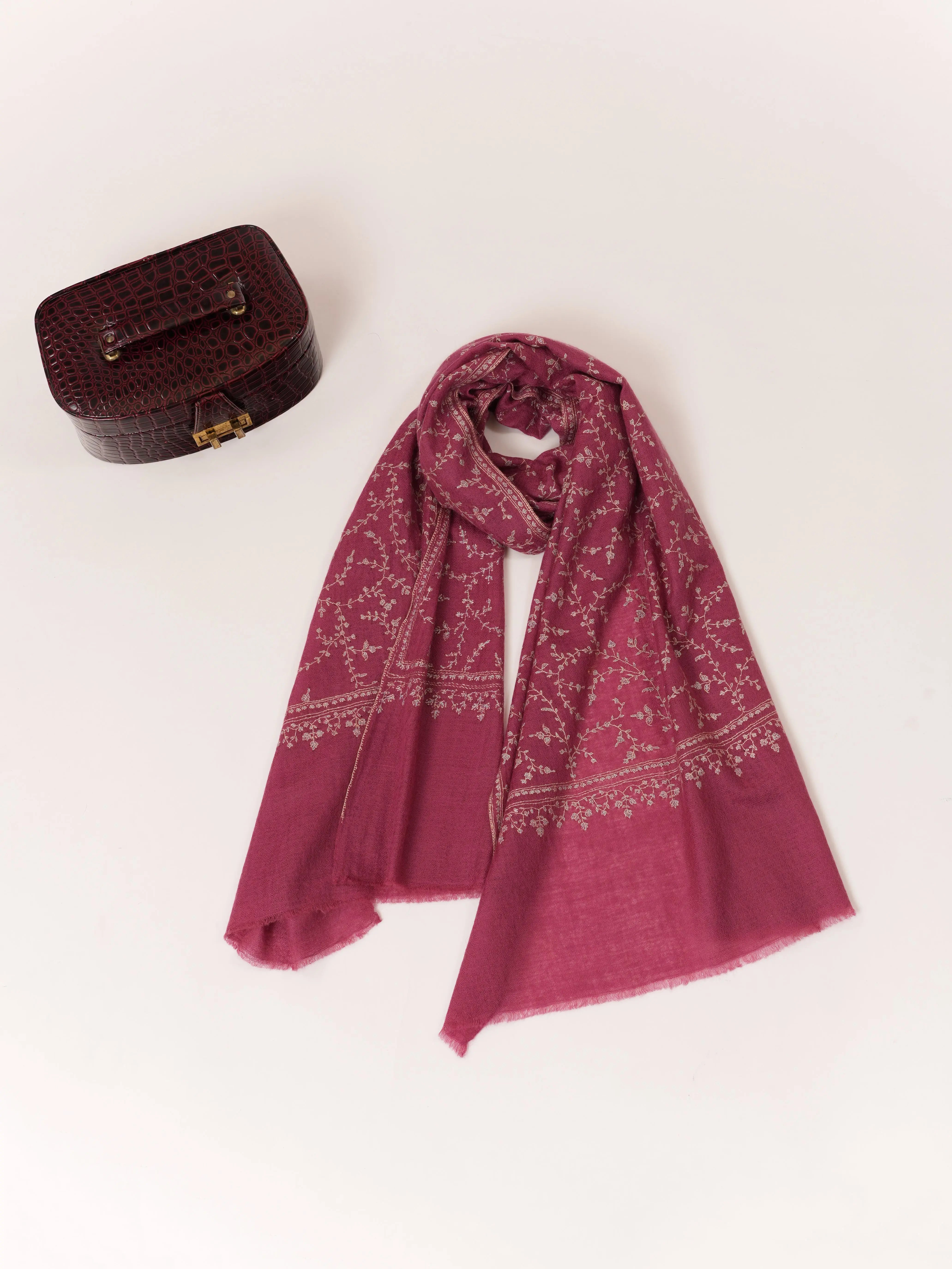 Dusty Raspberry Pink Cashmere Scarf with Hand Embroidery Shahkaar.com