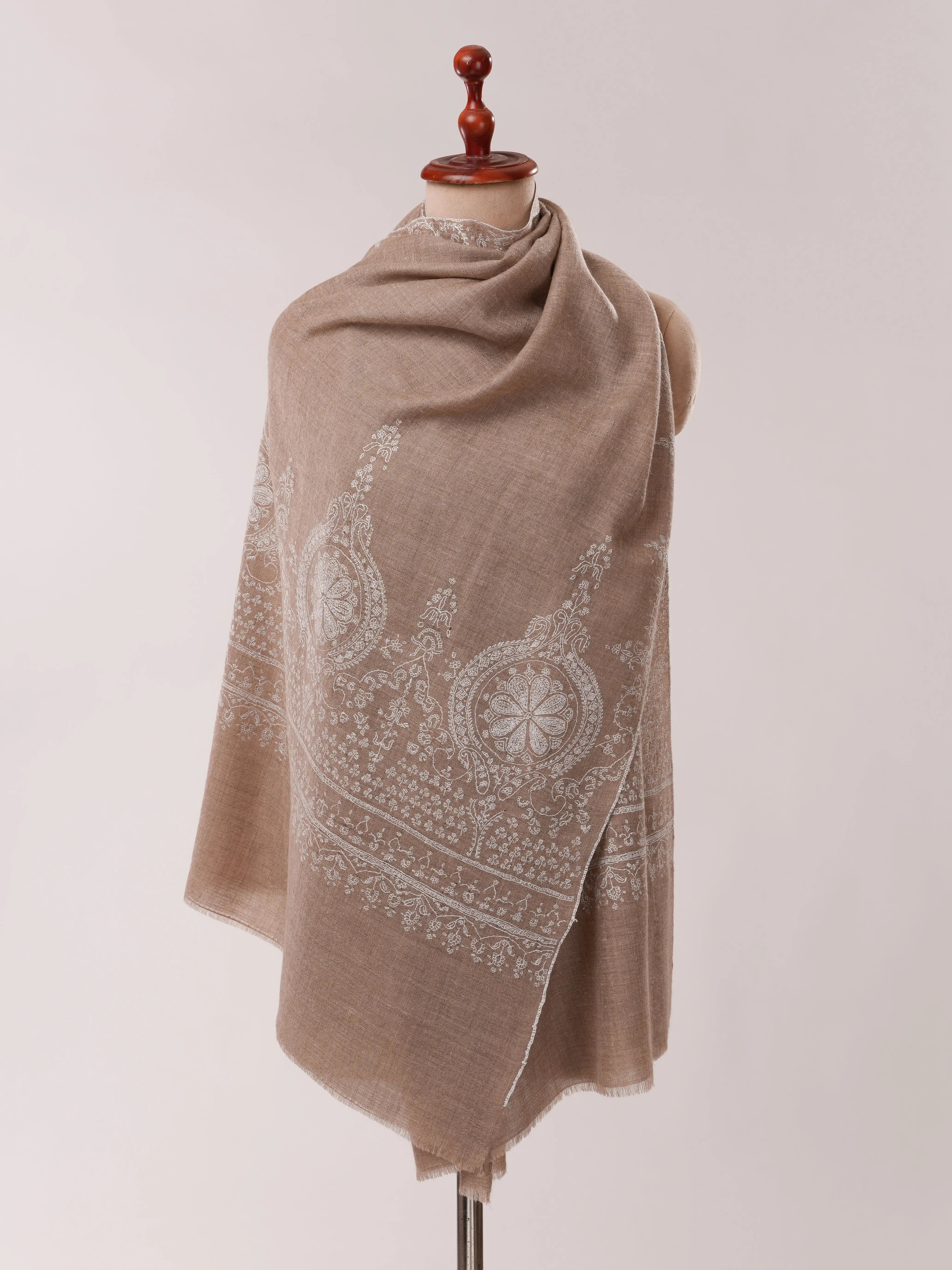Natural Grey Cashmere Scarf with White Hand Embroidery Shahkaar.com
