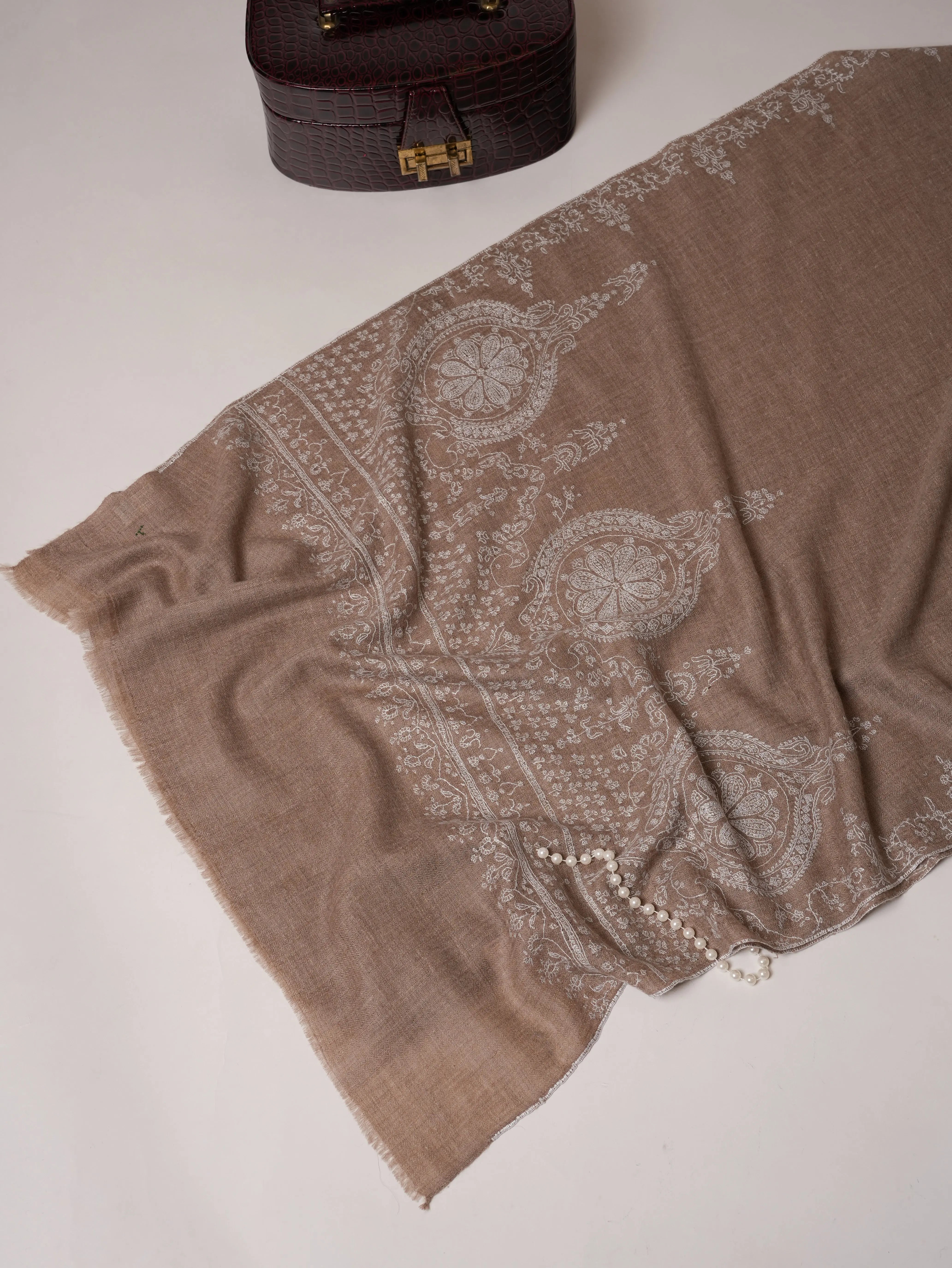 Natural Grey Cashmere Scarf with White Hand Embroidery Shahkaar.com