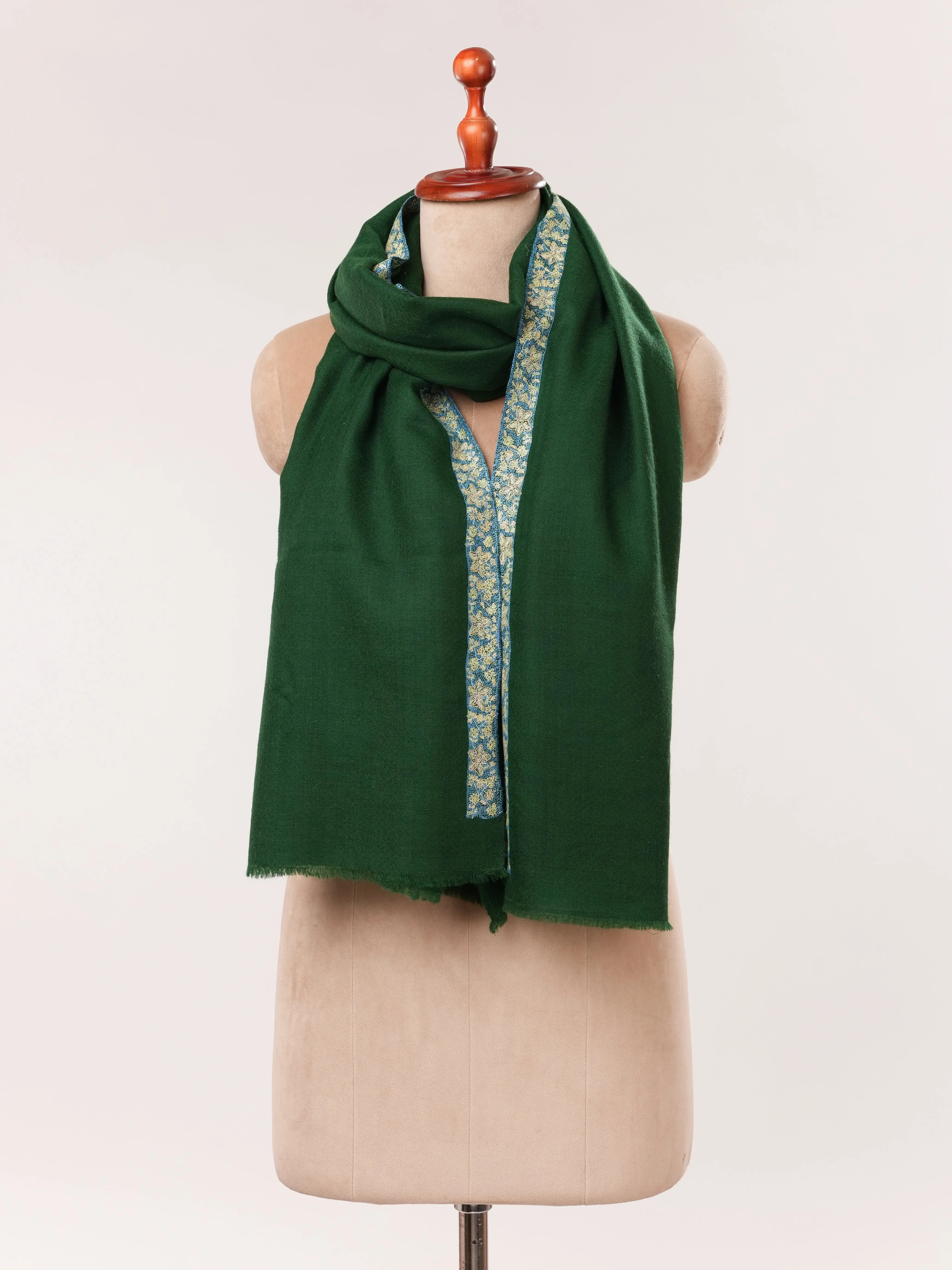 Deep Forest Green Handwoven Cashmere Scarf with Border Embroidery Shahkaar.com