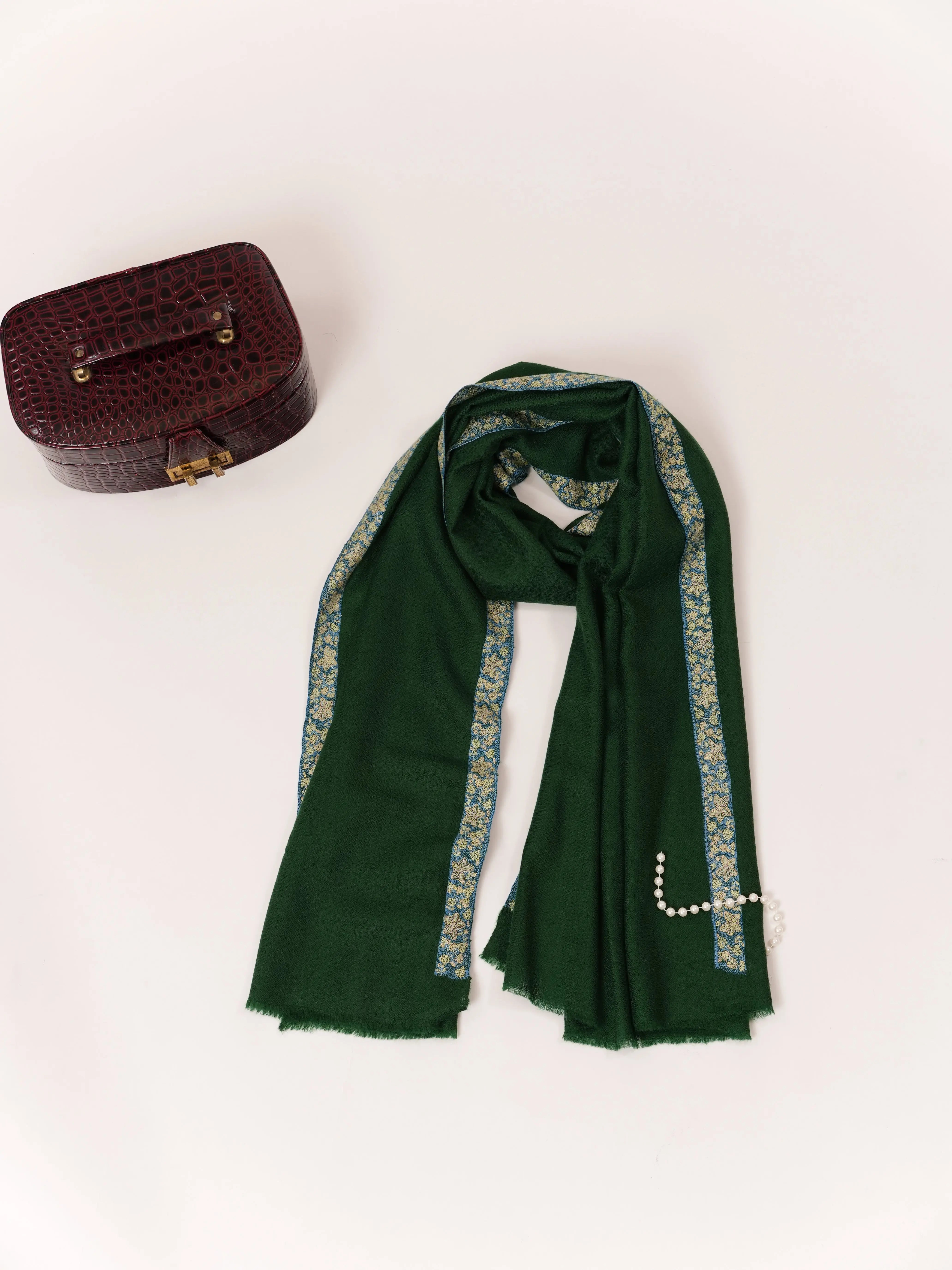 Deep Forest Green Handwoven Indian Cashmere Scarf | Gift For Her