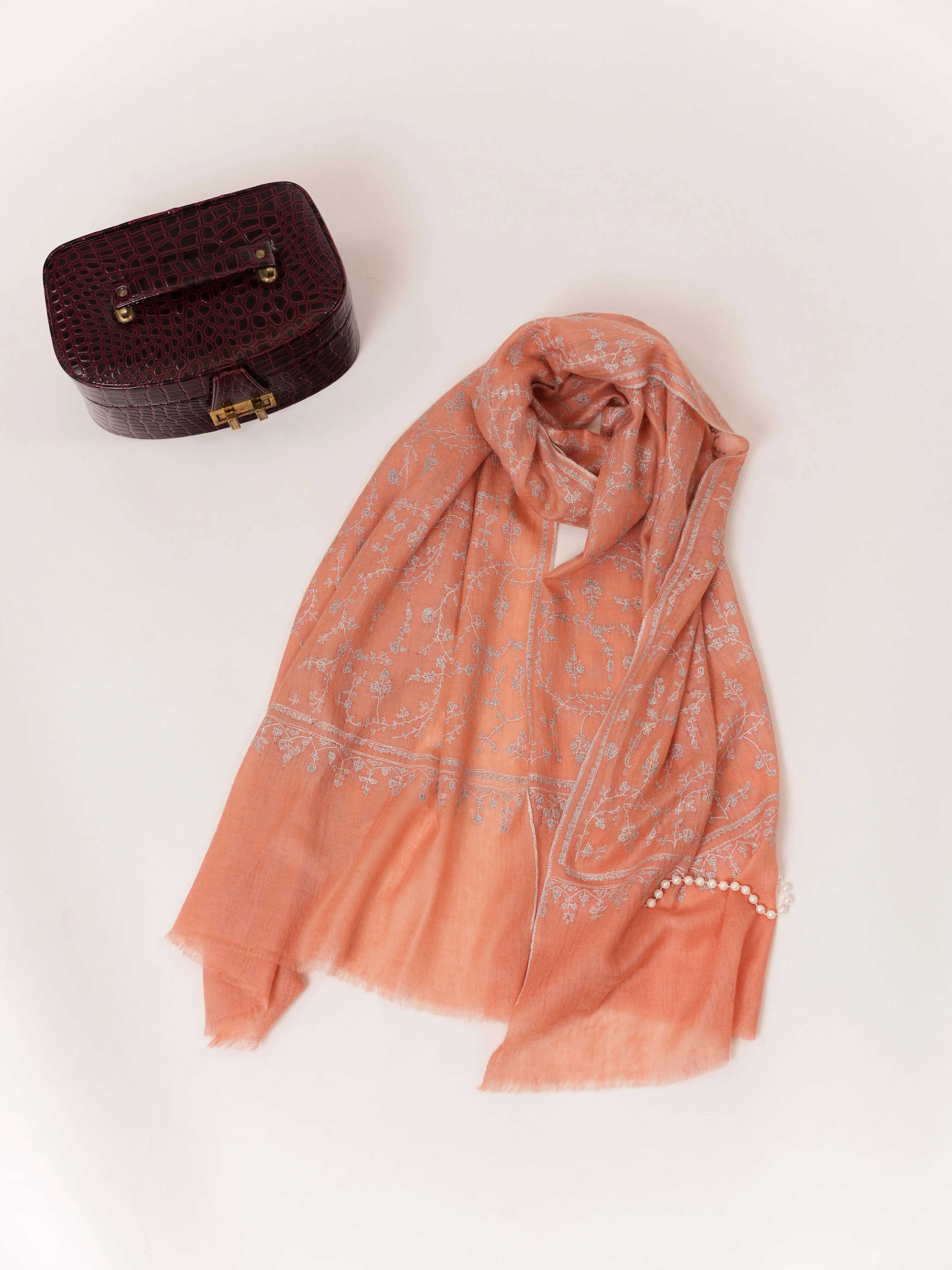 Soft Peach Featherlight Cashmere Scarf with Needlework Jali Embroidery Shahkaar.com