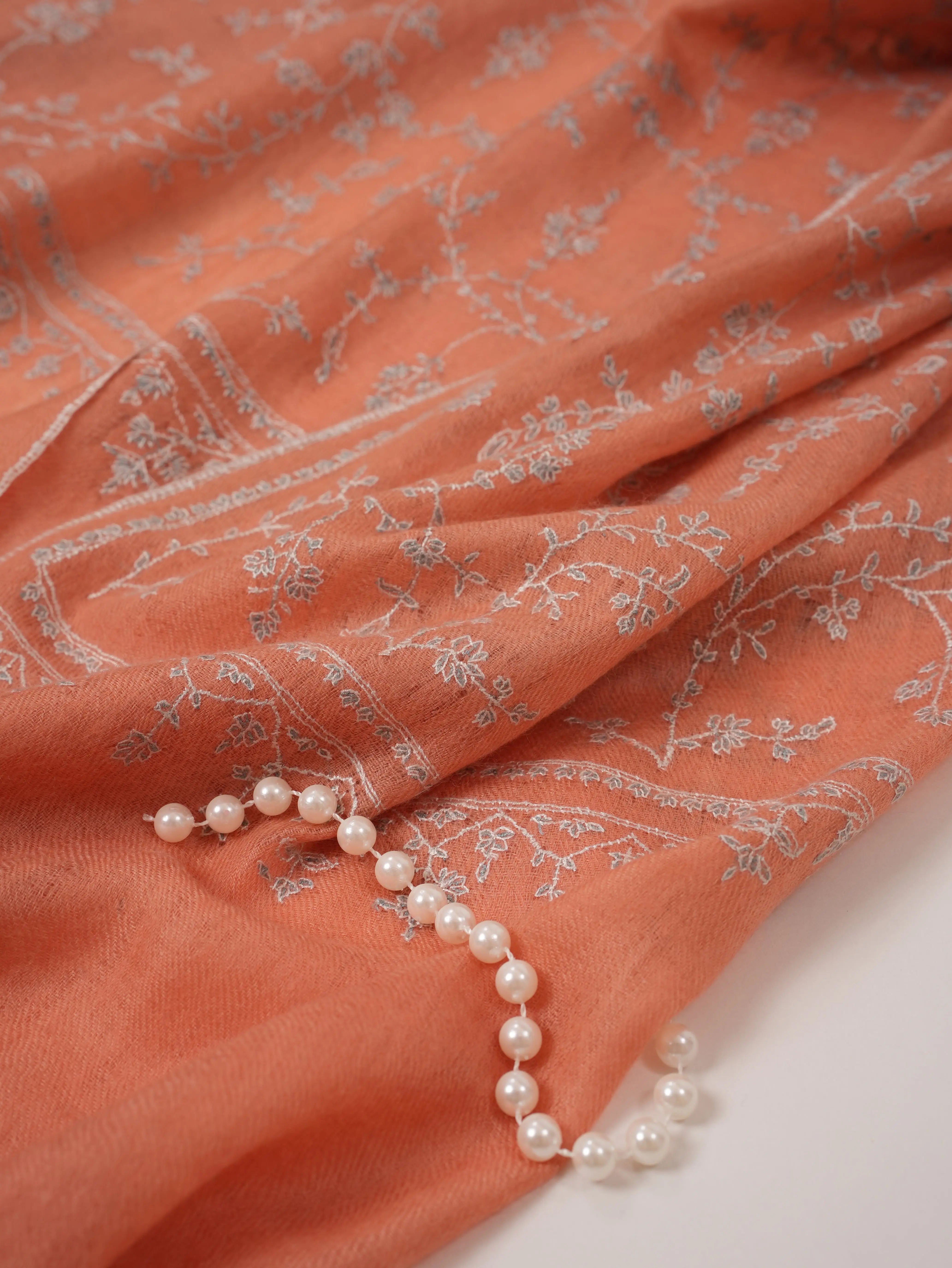 Soft Peach Featherlight Cashmere Scarf with Needlework Jali Embroidery Shahkaar.com