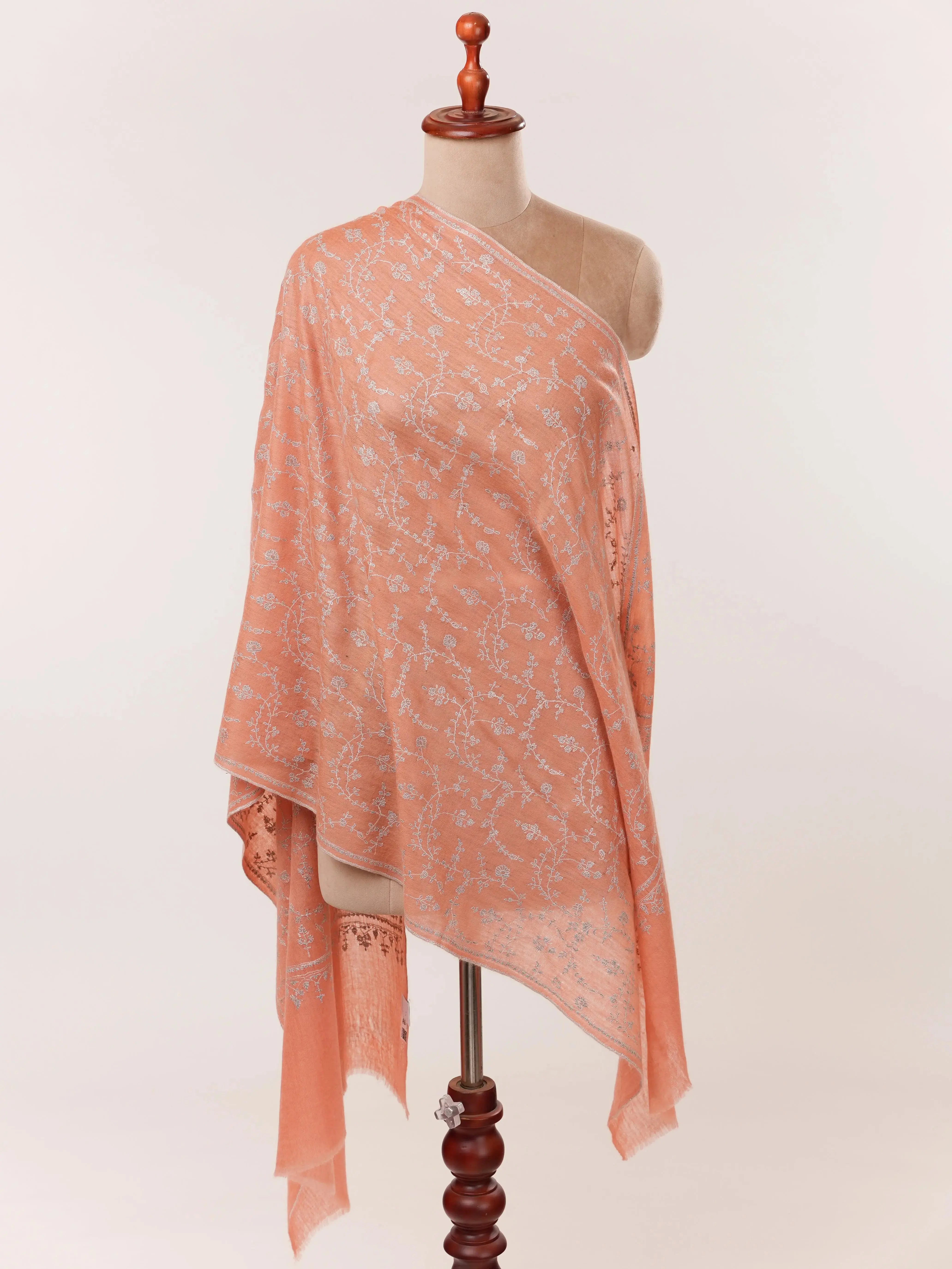 Soft Peach Featherlight Cashmere Scarf with Needlework Jali Embroidery Shahkaar.com