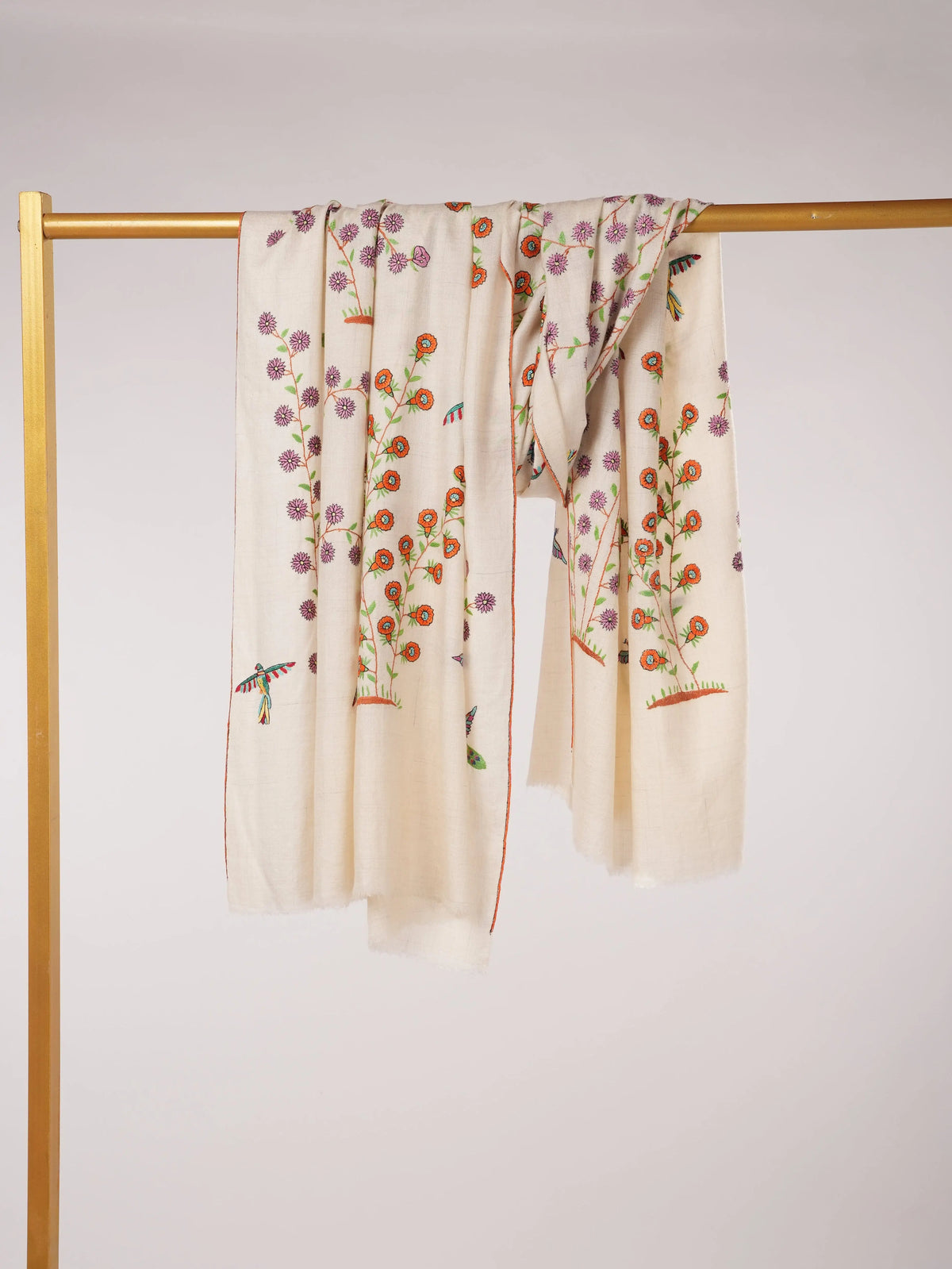 White Kashmiri Handwoven Pashmina Shawl with Hand Sozni Embroidery Shahkaar.com