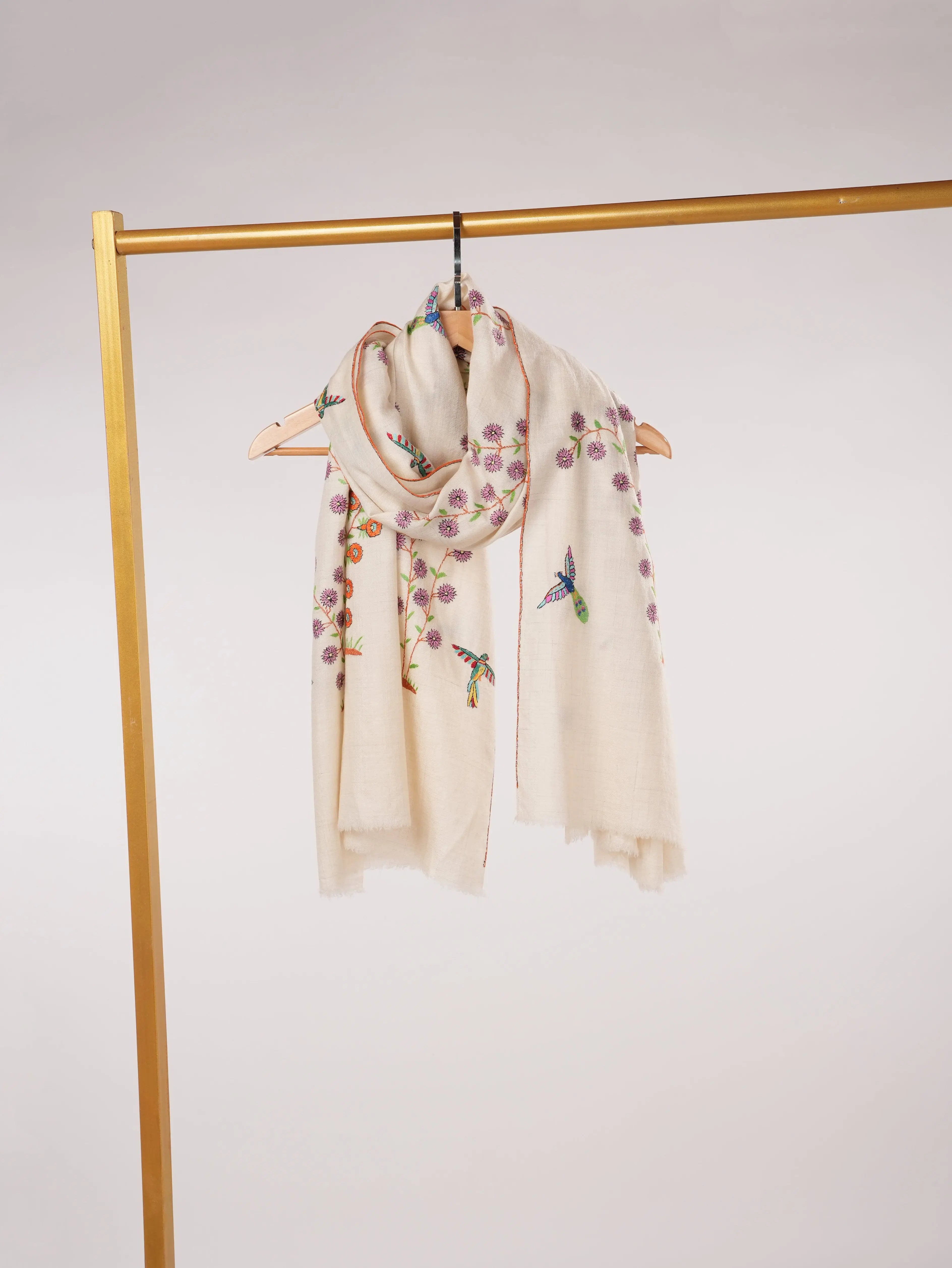White Kashmiri Handwoven Pashmina Shawl with Hand Sozni Embroidery Shahkaar.com
