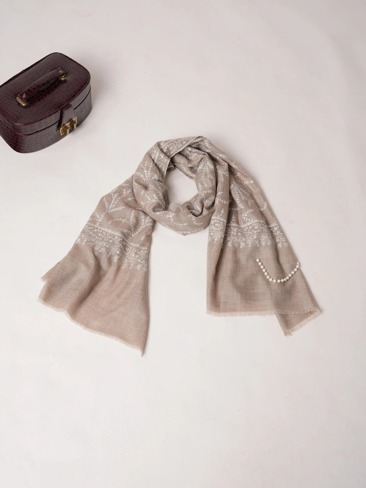 Natural Beige Handwoven Soft Cashmere Scarf with White Jali Embroidery