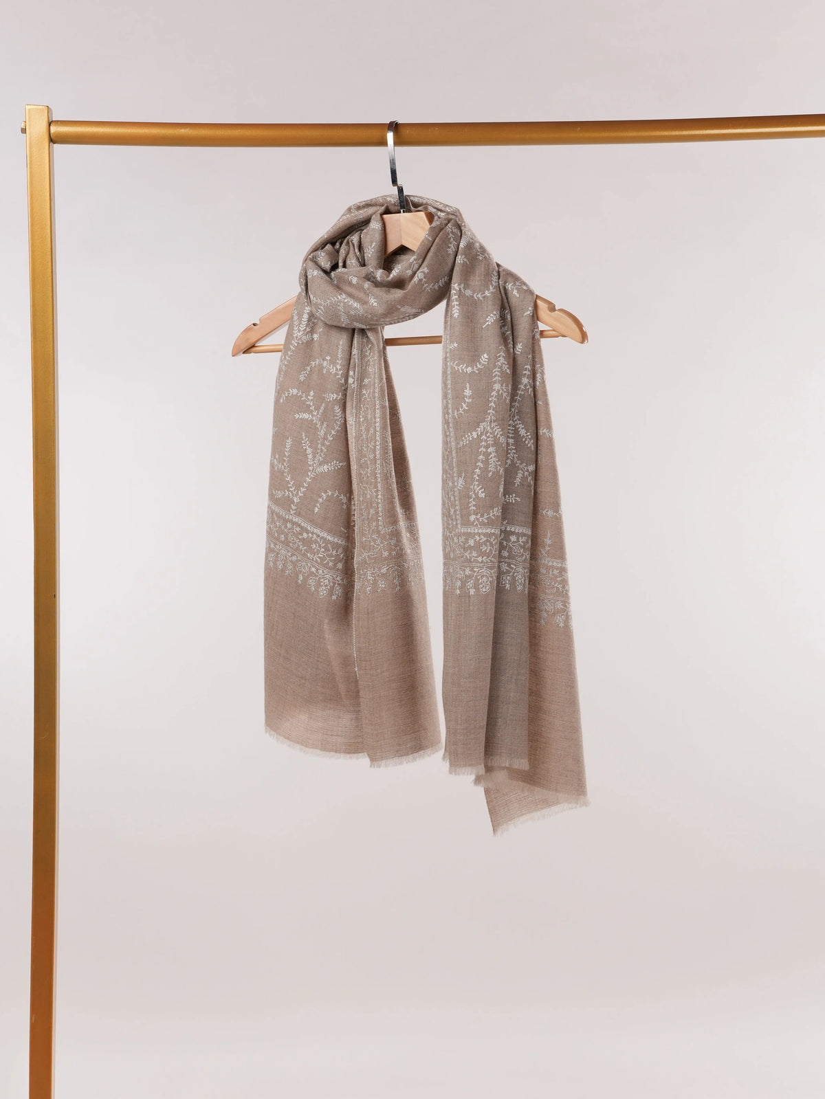 Natural Beige Handwoven Soft Cashmere Scarf with White Jali Embroidery
