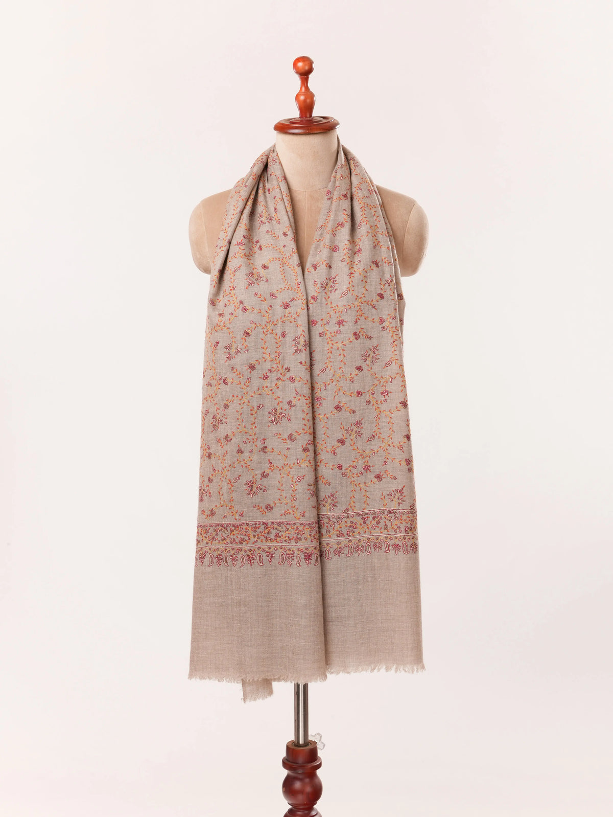Natural Taupe Scarf in Cashmere with Classic Jali Sozni Hand Embroidery Shahkaar.com