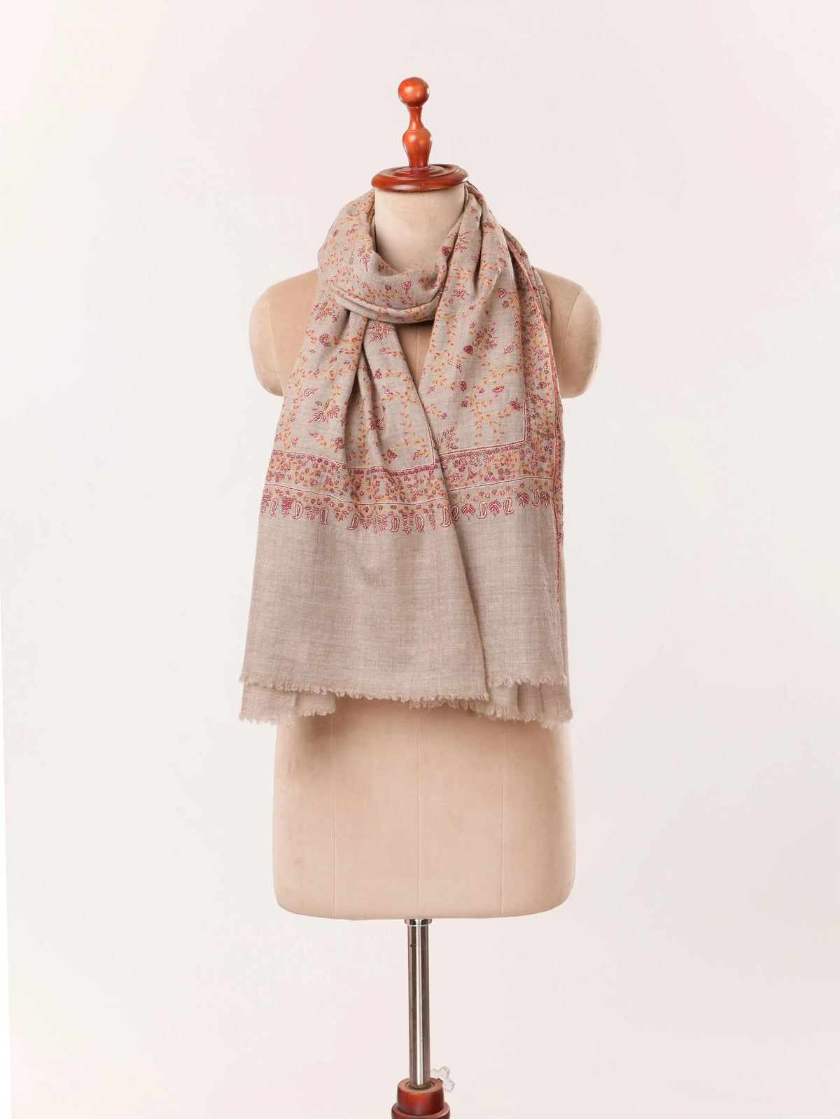 Natural Taupe Scarf in Cashmere with Classic Jali Sozni Hand Embroidery Shahkaar.com