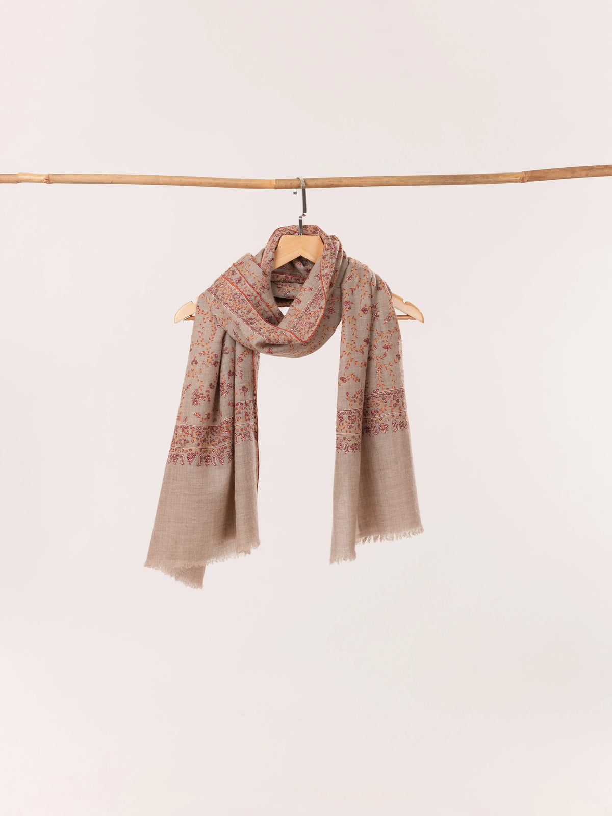 Natural Taupe Scarf in Cashmere with Classic Jali Sozni Hand Embroidery Shahkaar.com