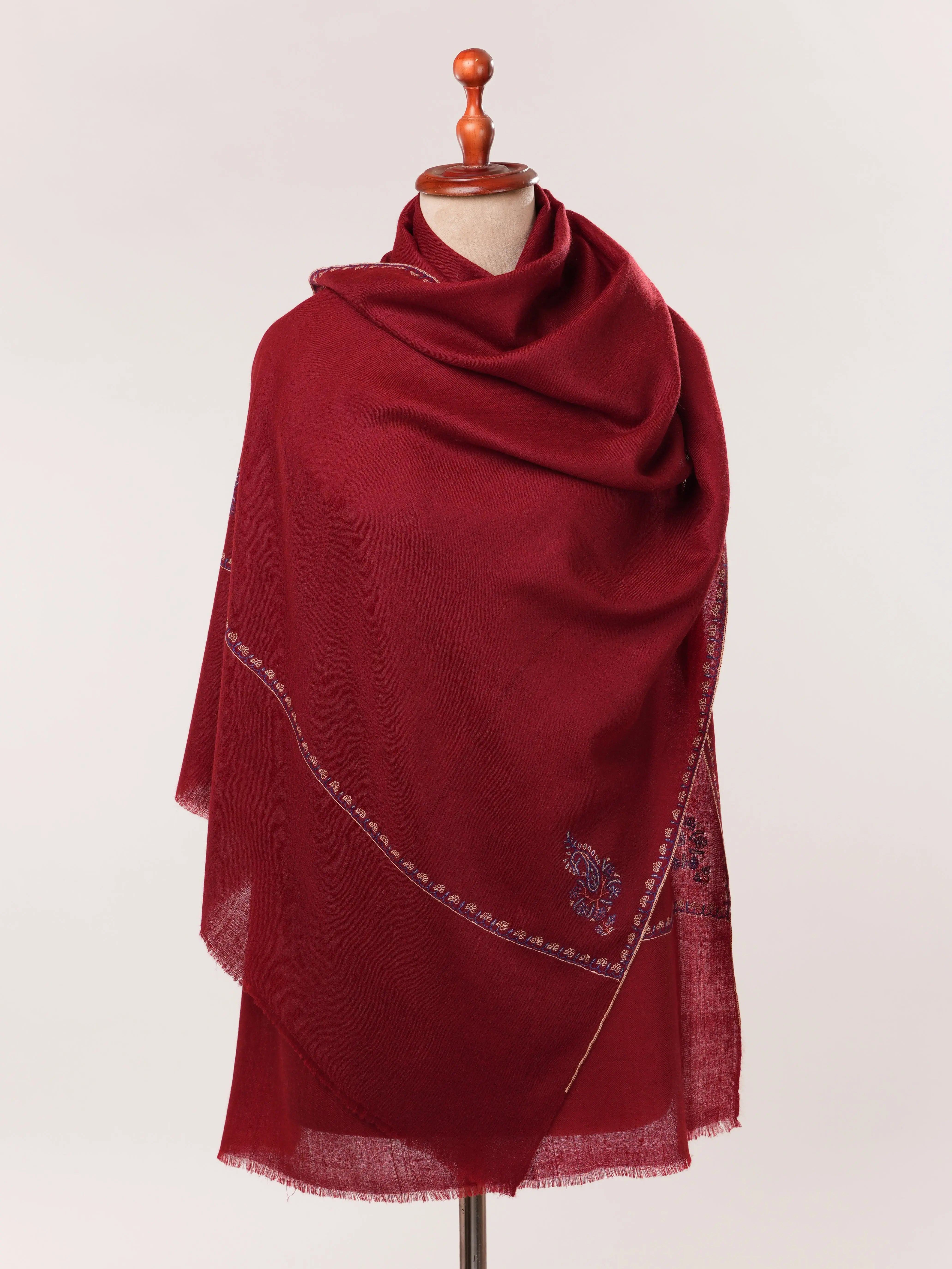 Wine Red Handwoven Cashmere Scarf with Minimalist Hand Embroidery Shahkaar.com