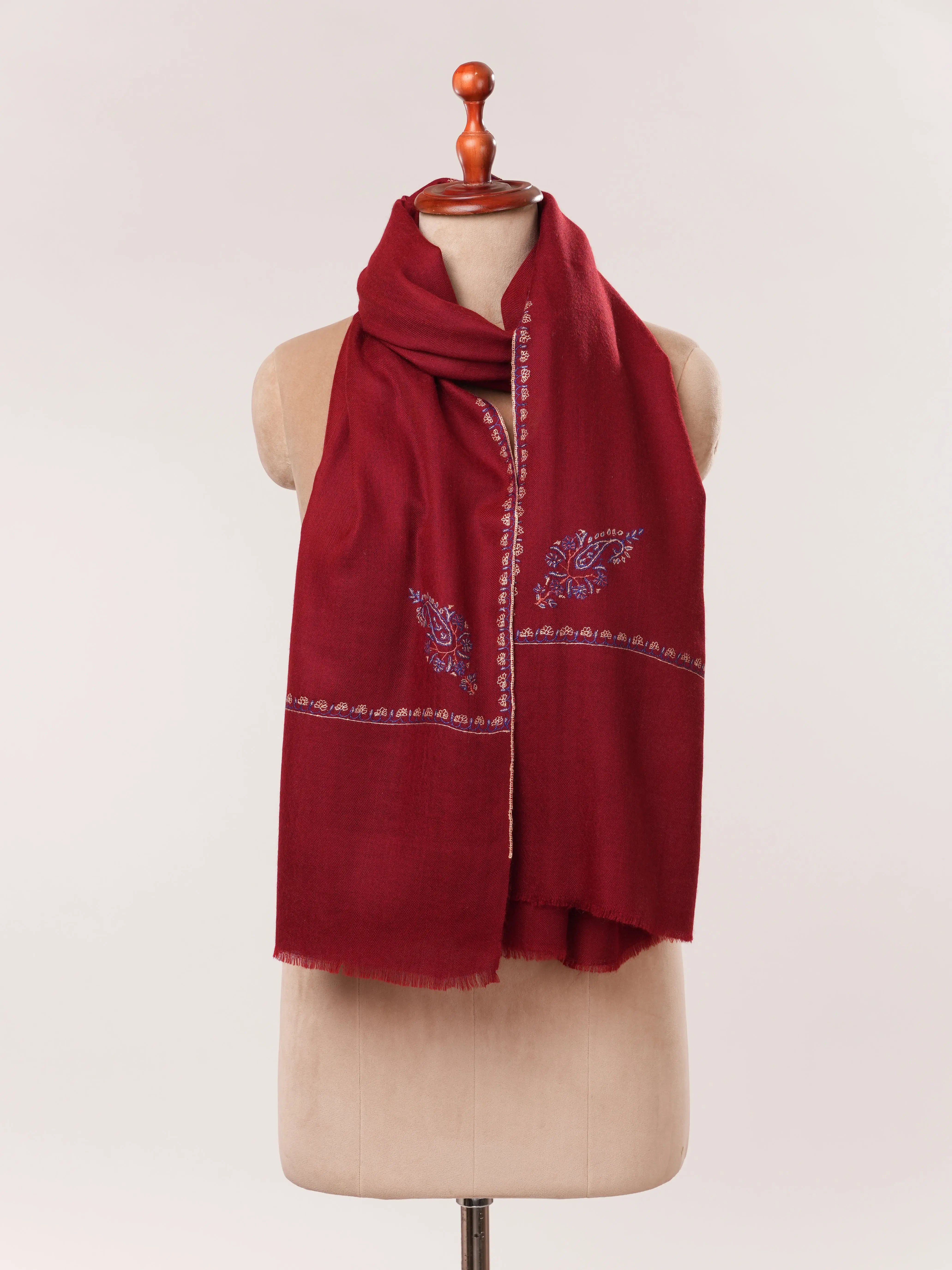Wine Red Handwoven Cashmere Scarf with Minimalist Hand Embroidery Shahkaar.com
