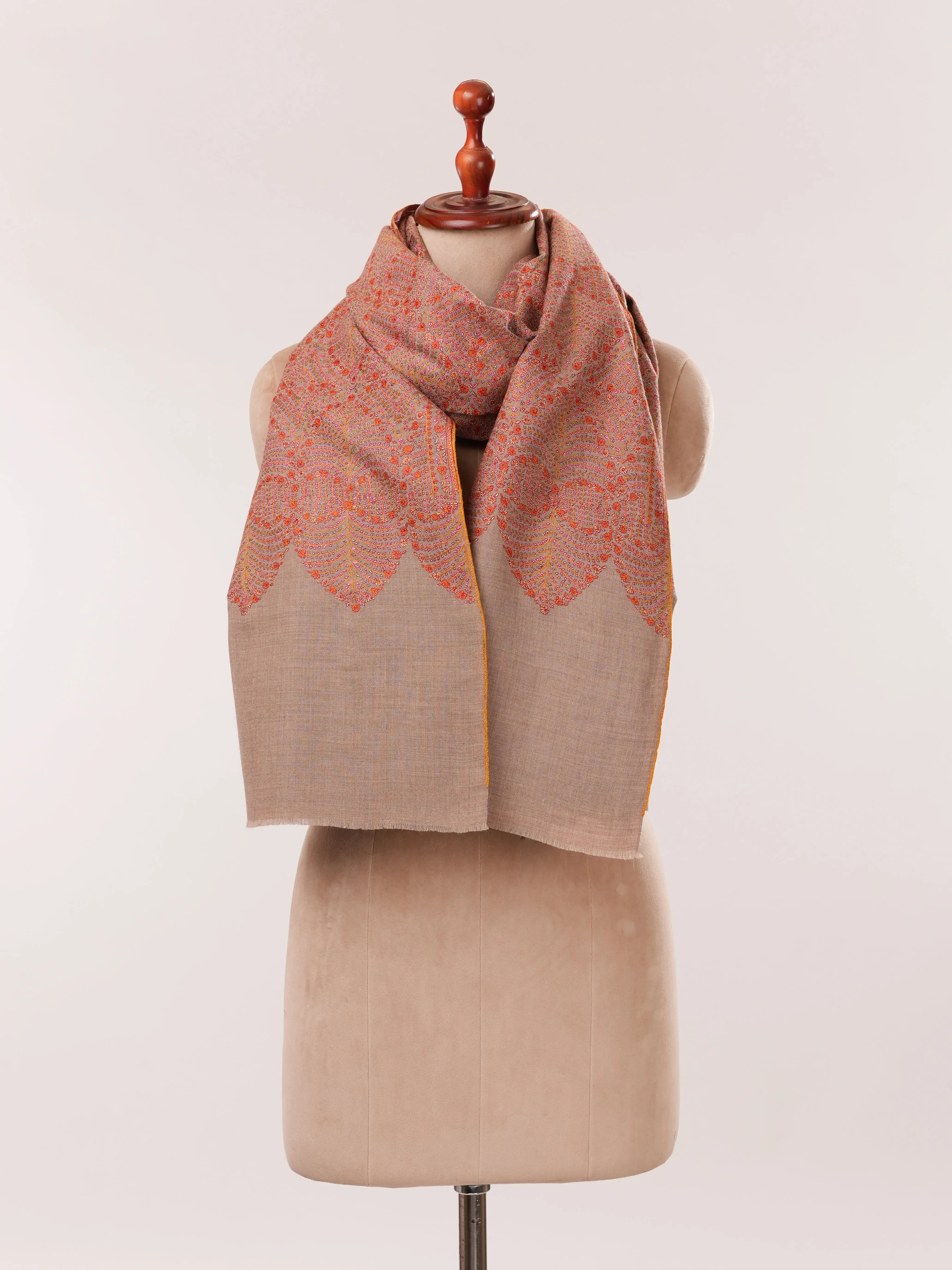 Natural Taupe Pure Pashmina Shawl with Detailed Silk Hand Embroidery Shahkaar.com