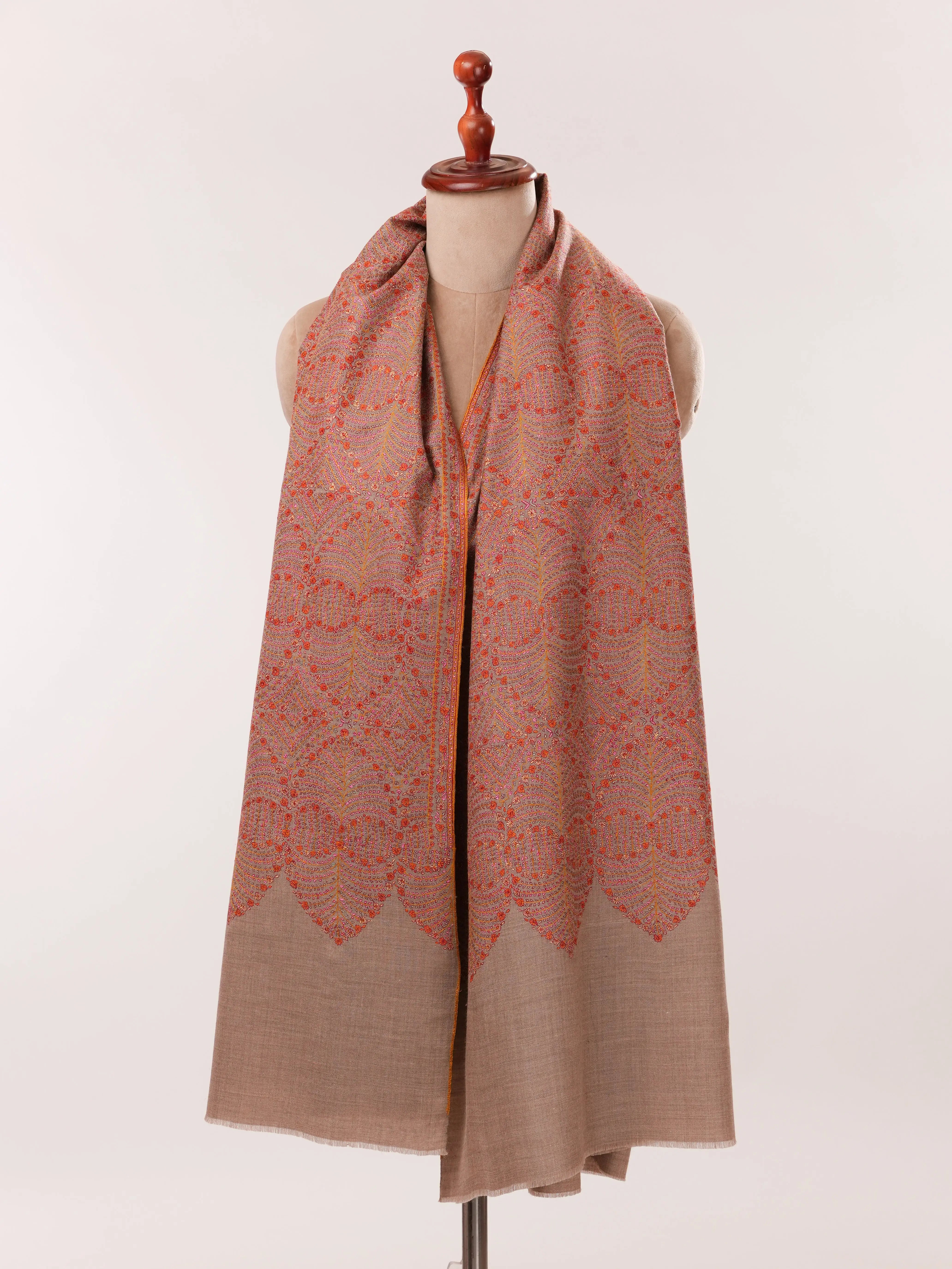 Natural Taupe Pure Pashmina Shawl with Detailed Silk Hand Embroidery Shahkaar.com