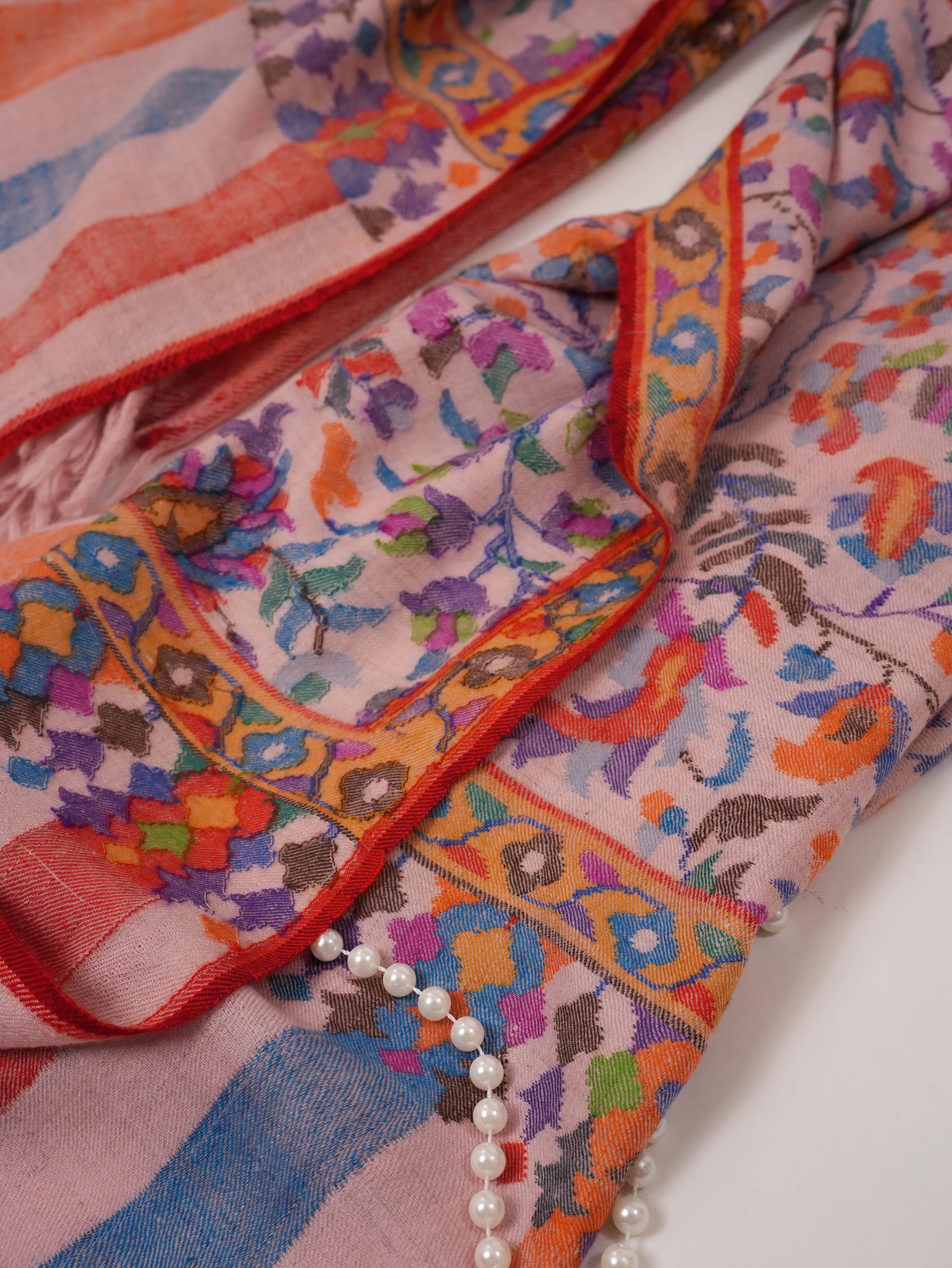Baby Pink Handwoven Kani Jamavar Pashmina Shawl Shahkaar.com
