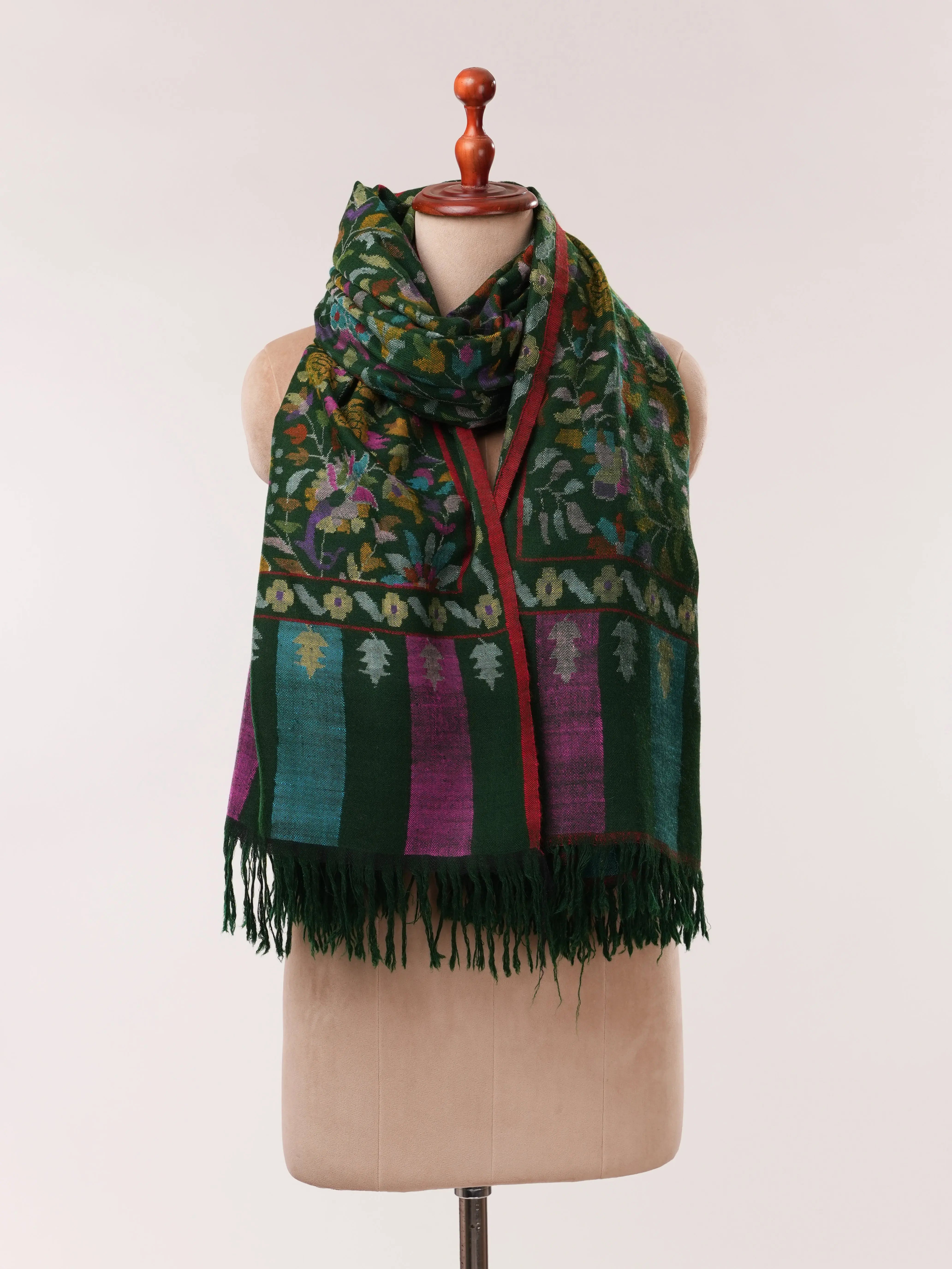 Forest Green Handwoven Kani Floral Pure Pashmina Shawl Shahkaar.com