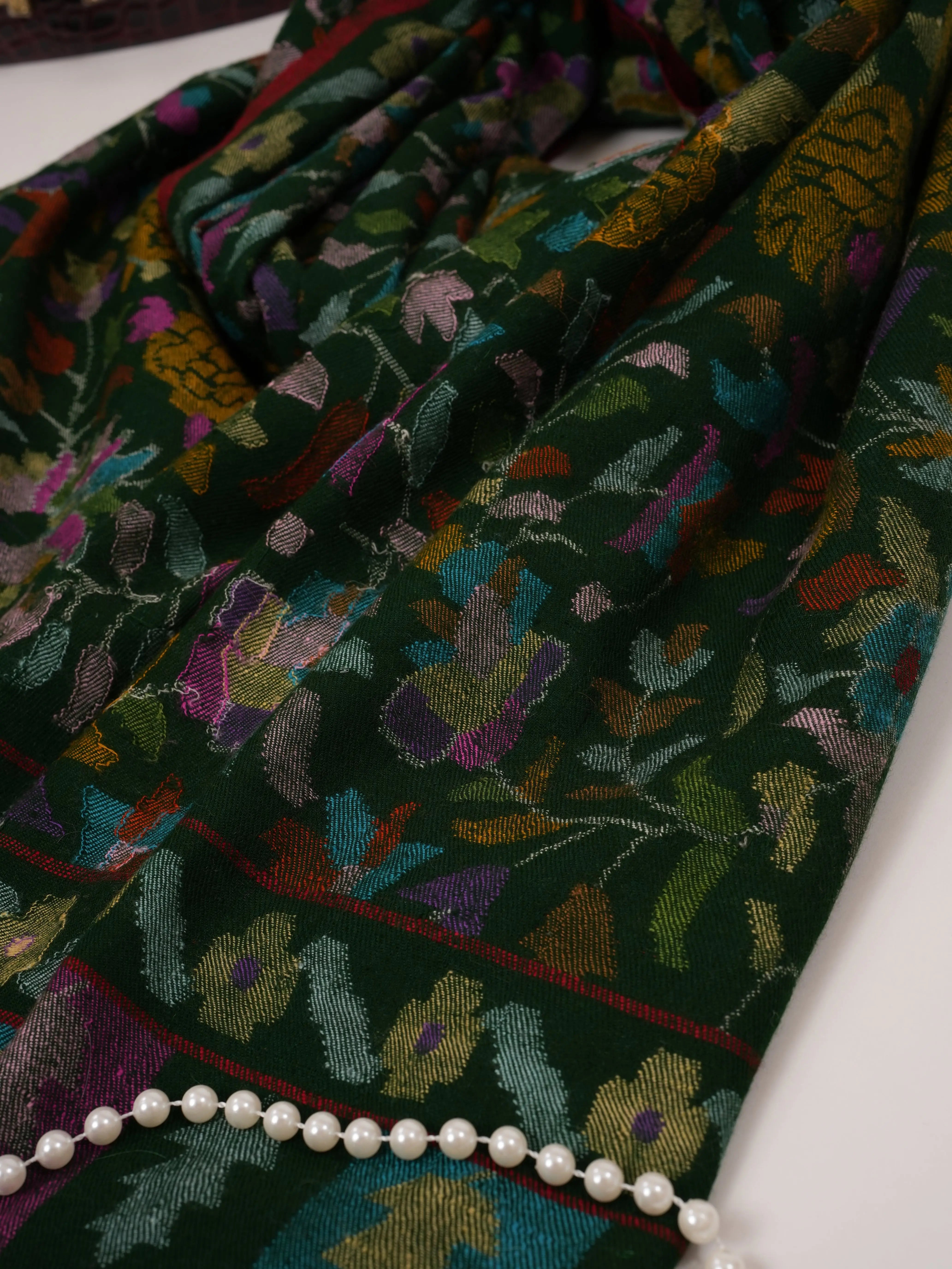 Forest Green Handwoven Kani Floral Pure Pashmina Shawl Shahkaar.com