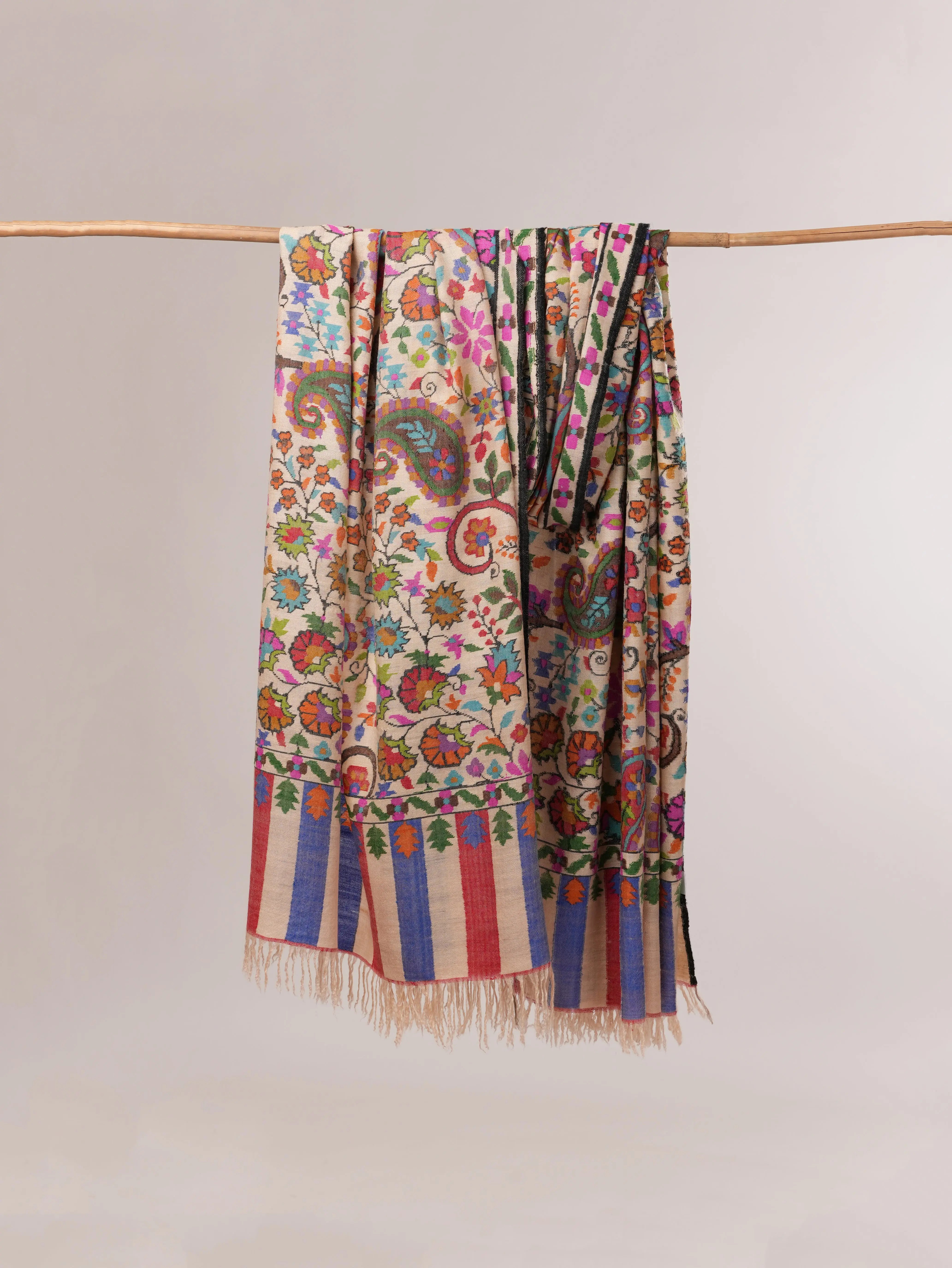 Oversized Cream Kani Floral Handwoven Pashmina Shawl Shahkaar.com