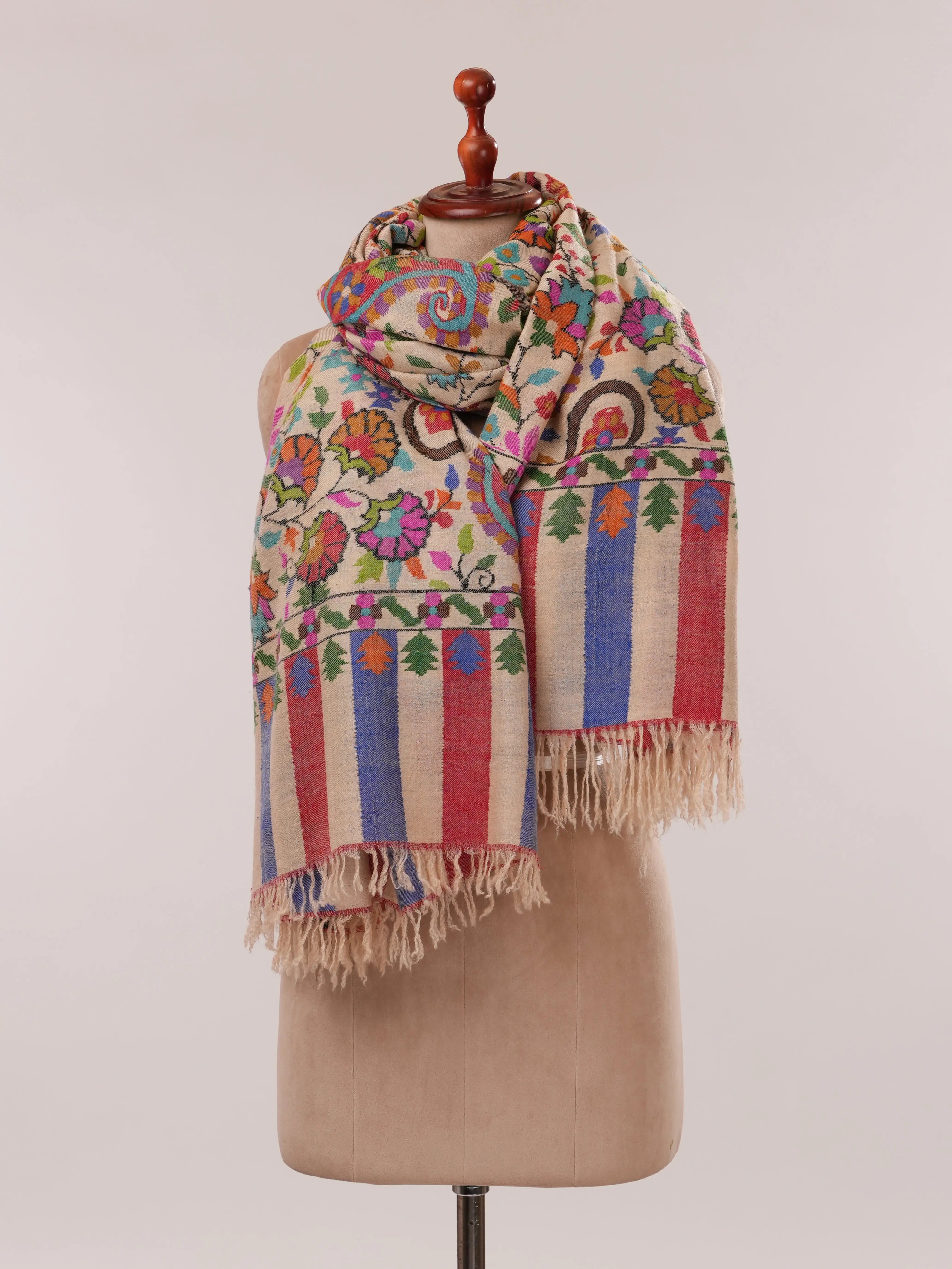 Oversized Cream Kani Floral Handwoven Pashmina Shawl Shahkaar.com