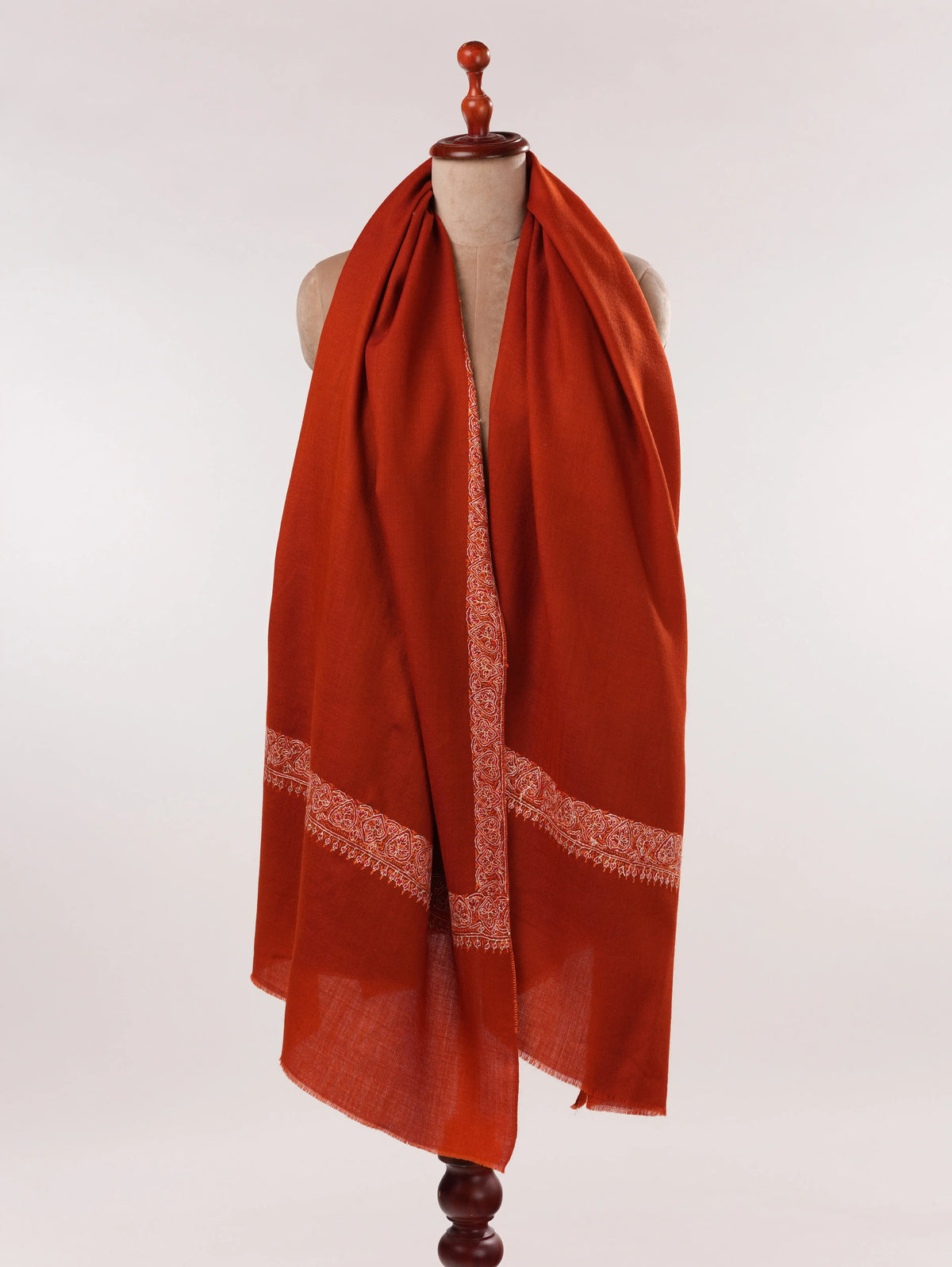 Rust Fine Wool Shawl with Pure Neemdaur Sozni Hand Embroidery Shahkaar.com
