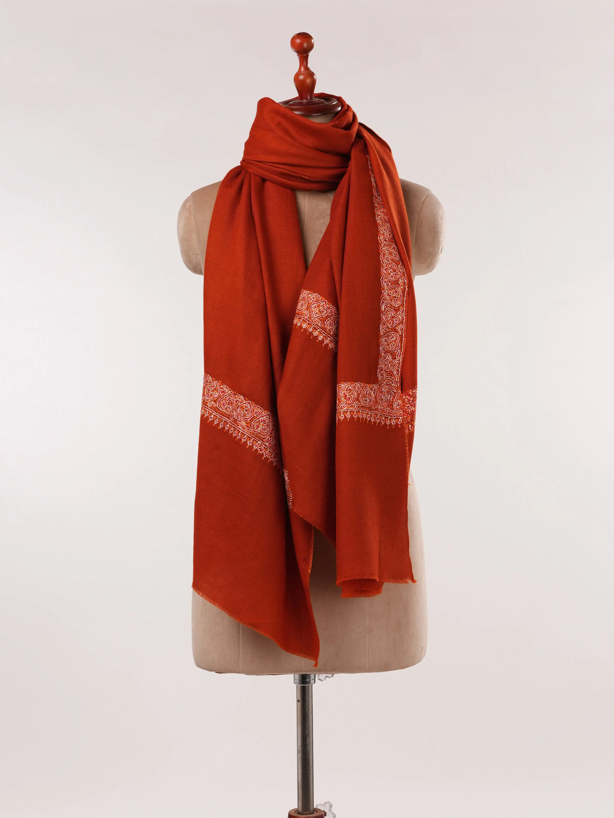 Rust Fine Wool Shawl with Pure Neemdaur Sozni Hand Embroidery Shahkaar.com