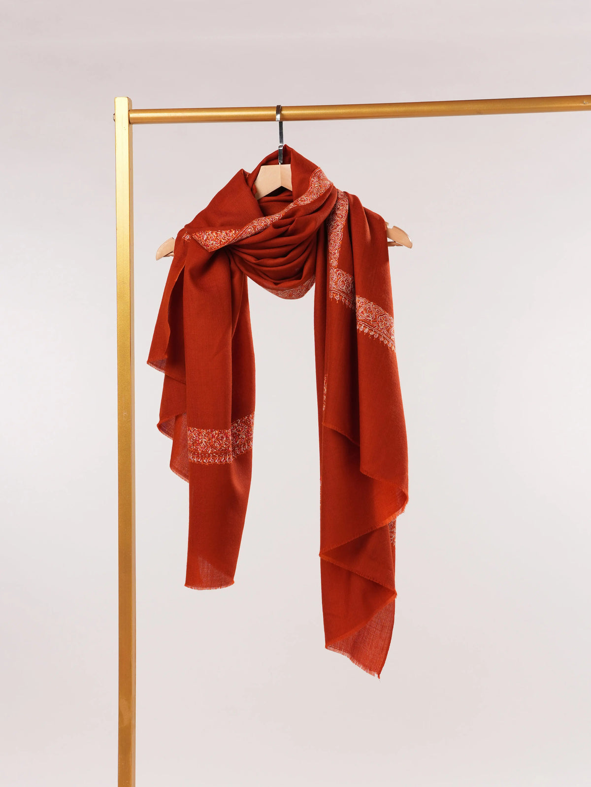Rust Fine Wool Shawl with Pure Neemdaur Sozni Hand Embroidery Shahkaar.com