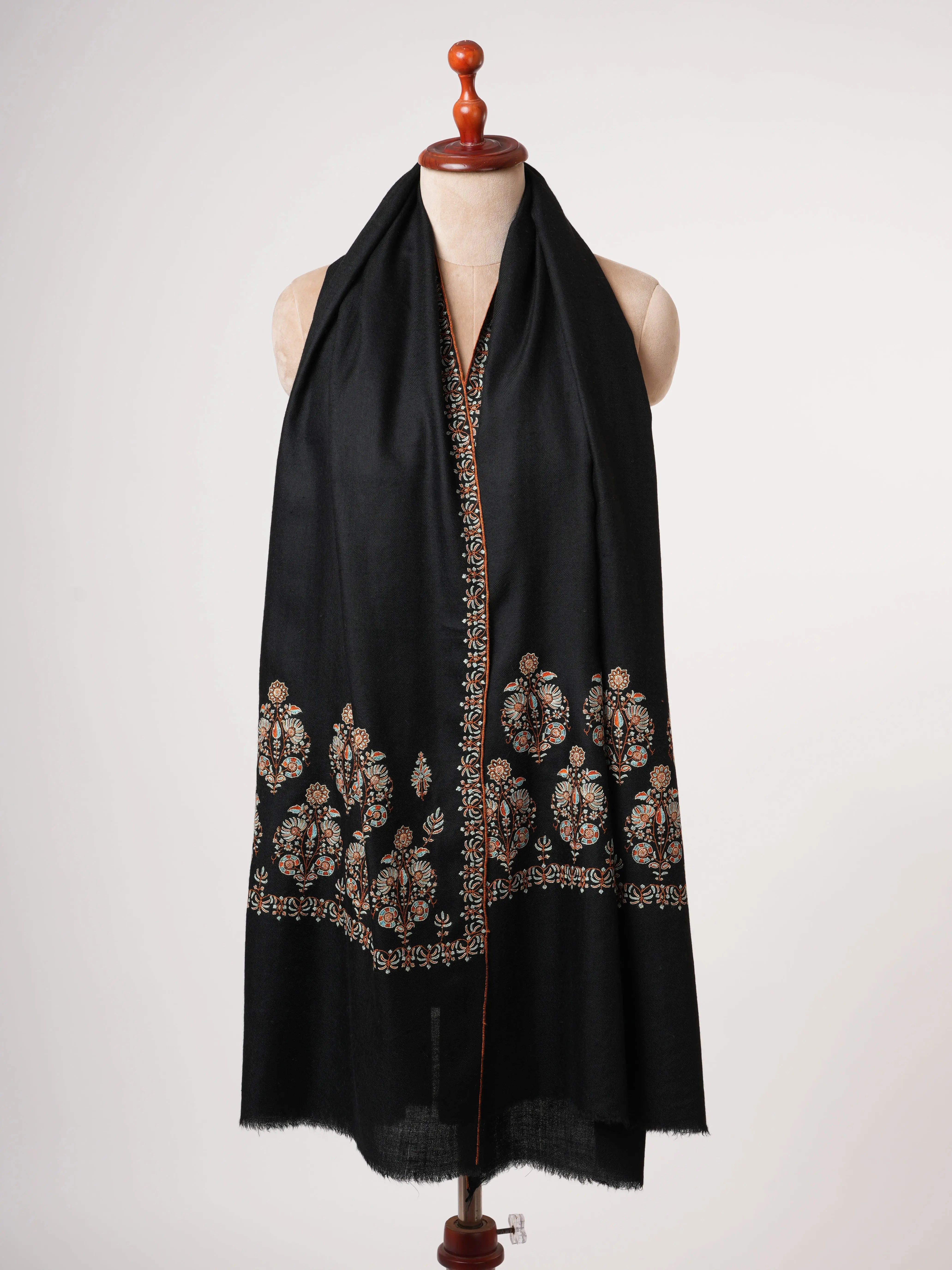 Black Soft Pashmina Shawl with Palla Hand Embroidery Shahkaar