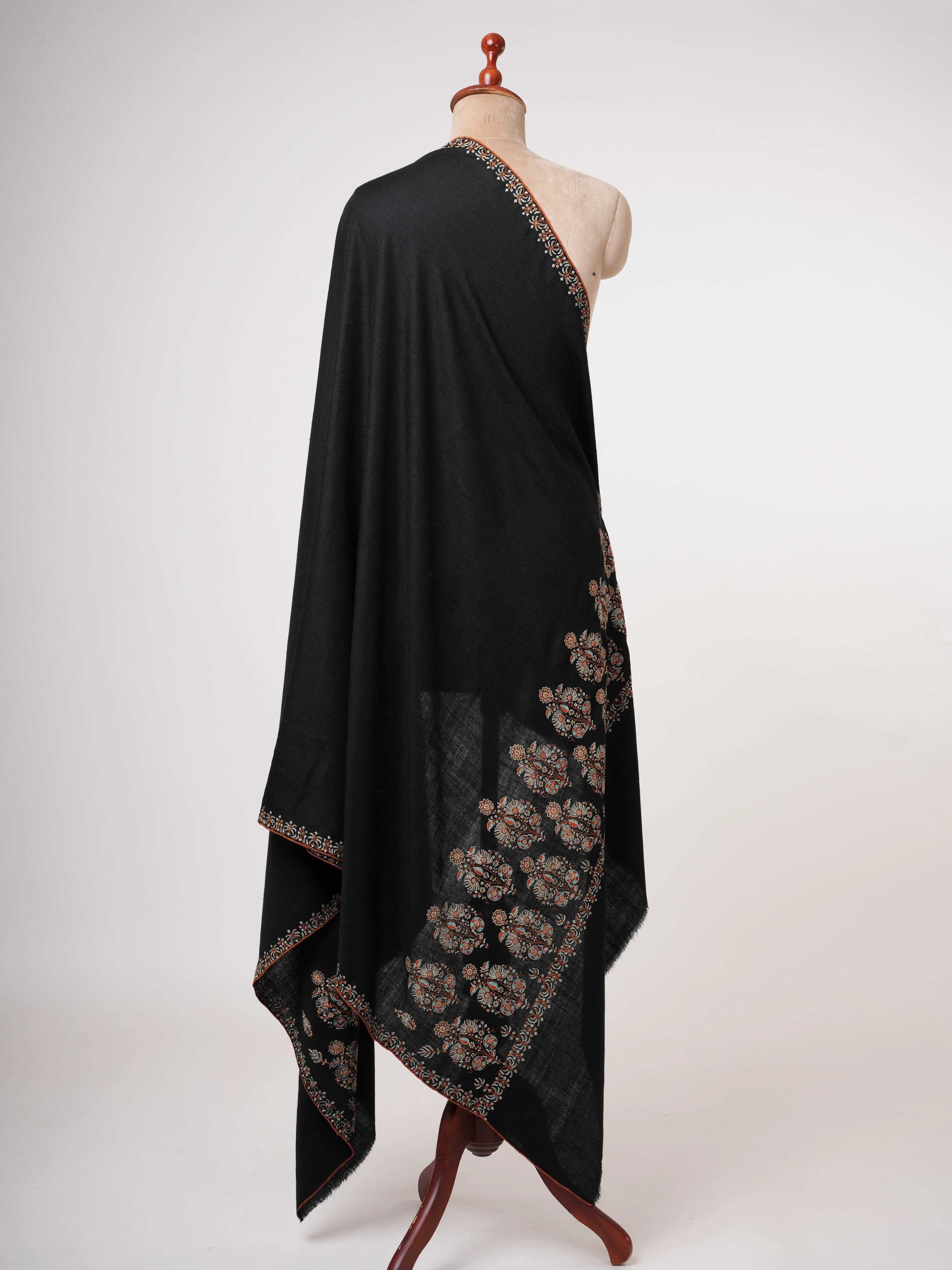 Black Soft Pashmina Shawl with Palla Hand Embroidery Shahkaar