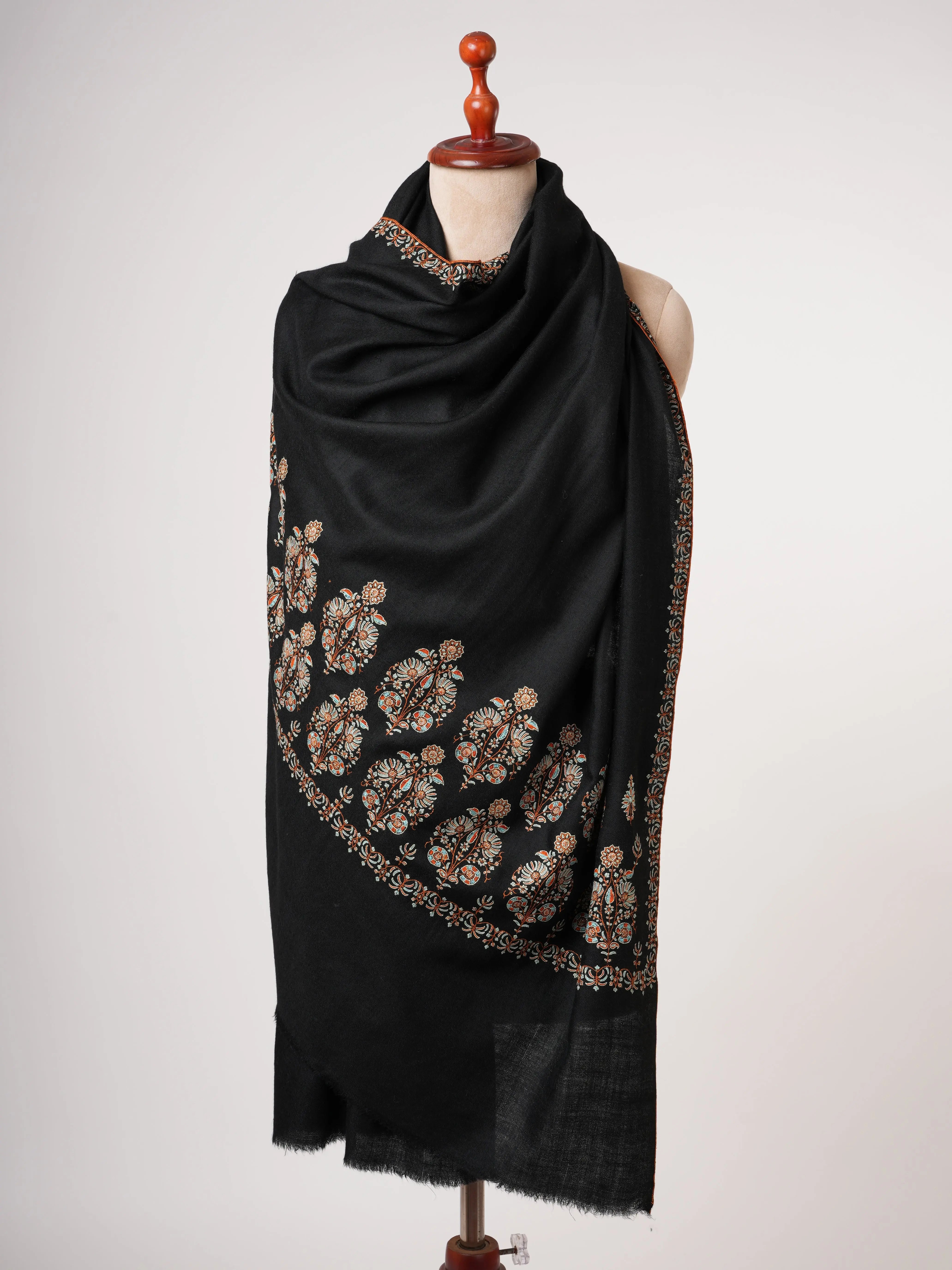 Black Soft Pashmina Shawl with Palla Hand Embroidery Shahkaar