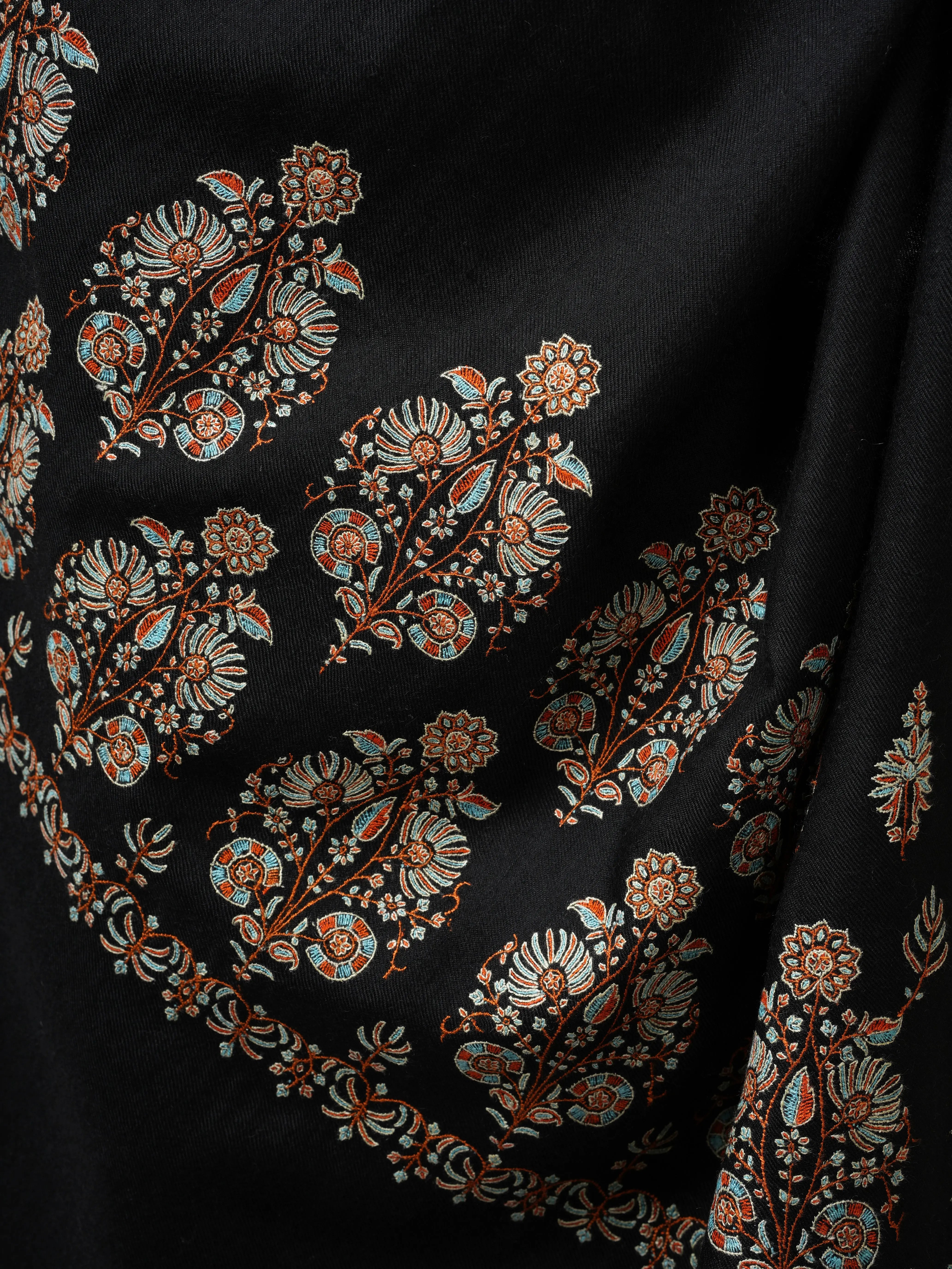 Black Soft Pashmina Shawl with Palla Hand Embroidery Shahkaar