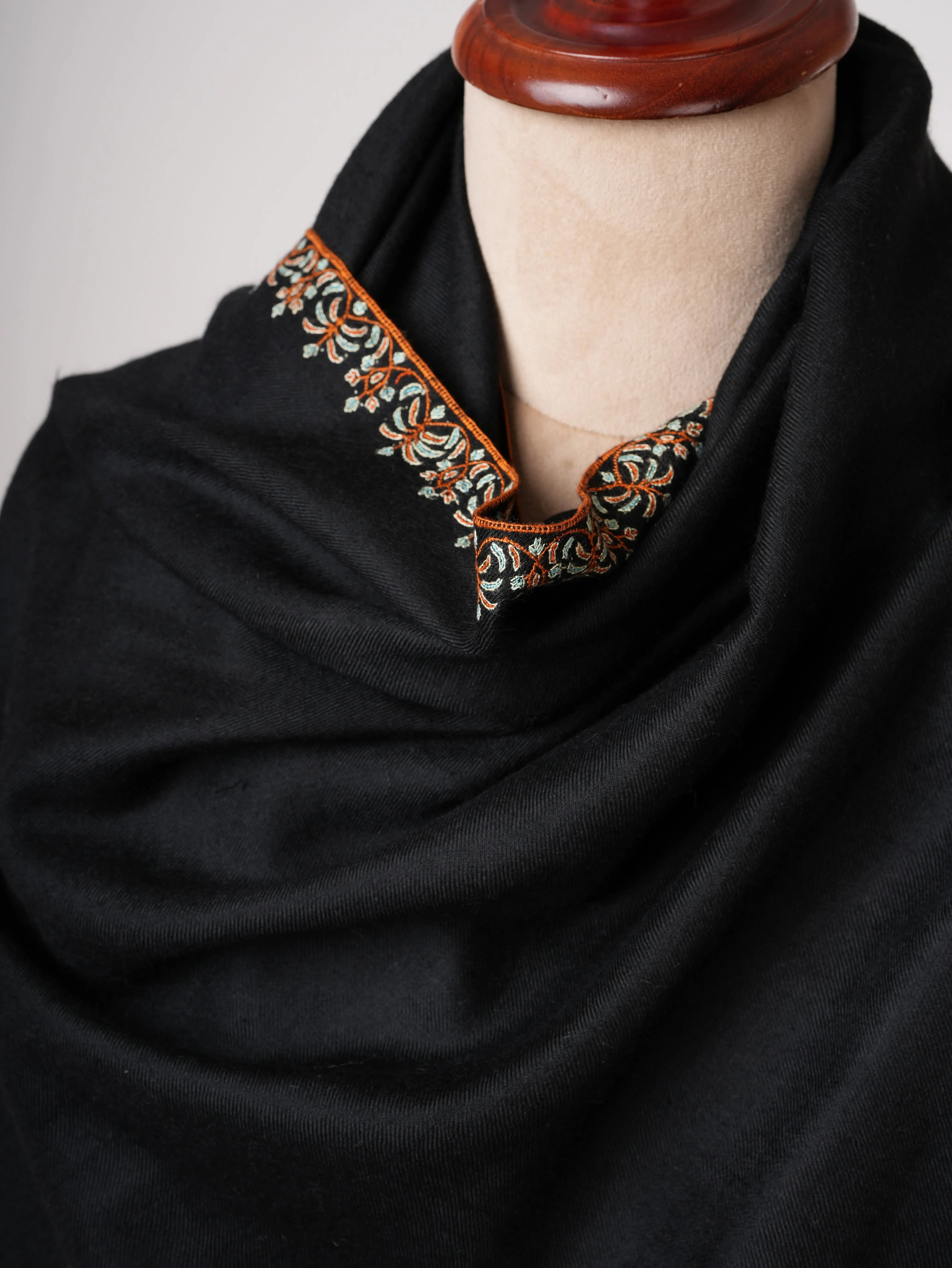 Black Soft Pashmina Shawl with Palla Hand Embroidery Shahkaar