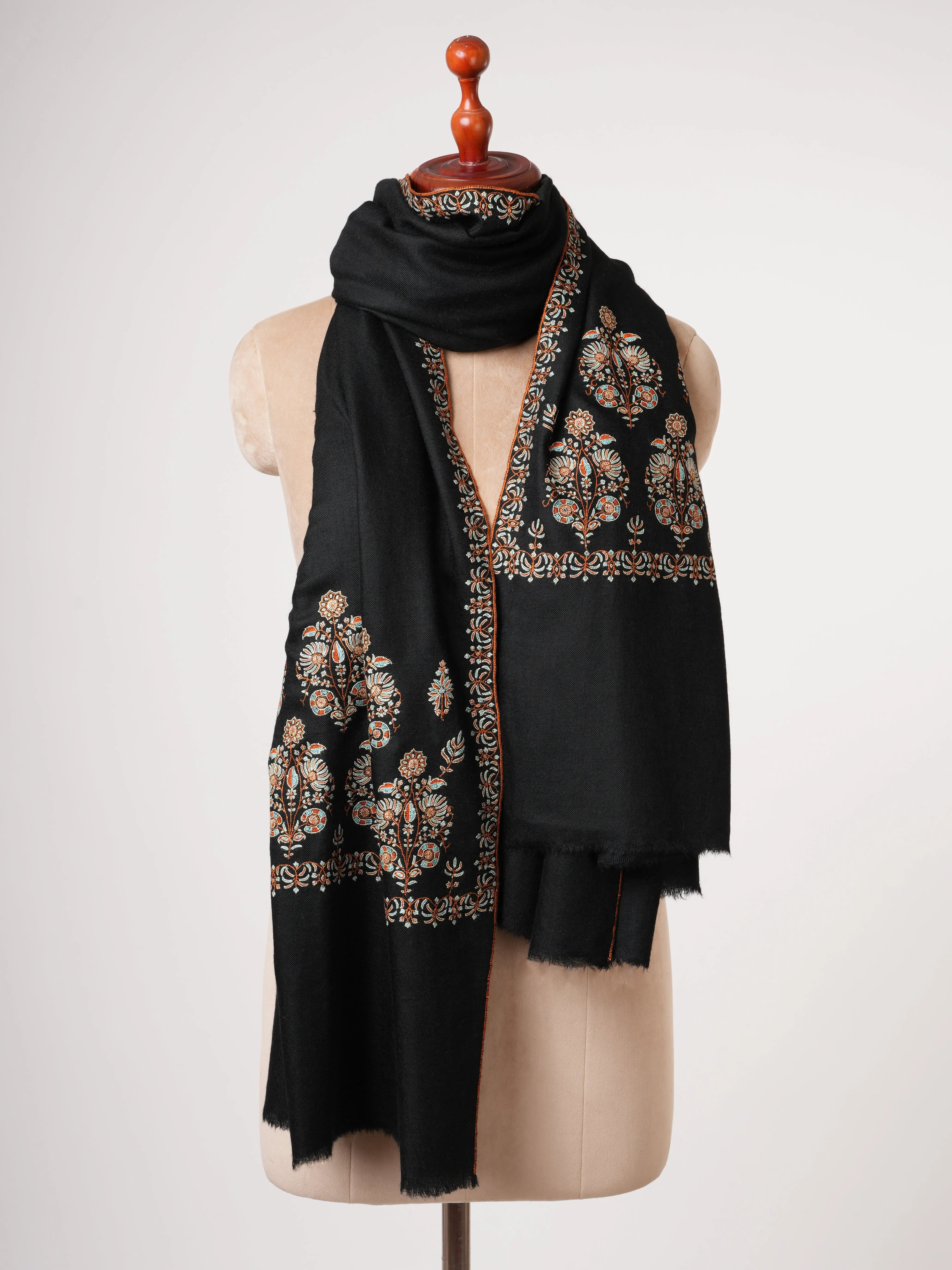 Black Soft Pashmina Shawl with Palla Hand Embroidery Shahkaar
