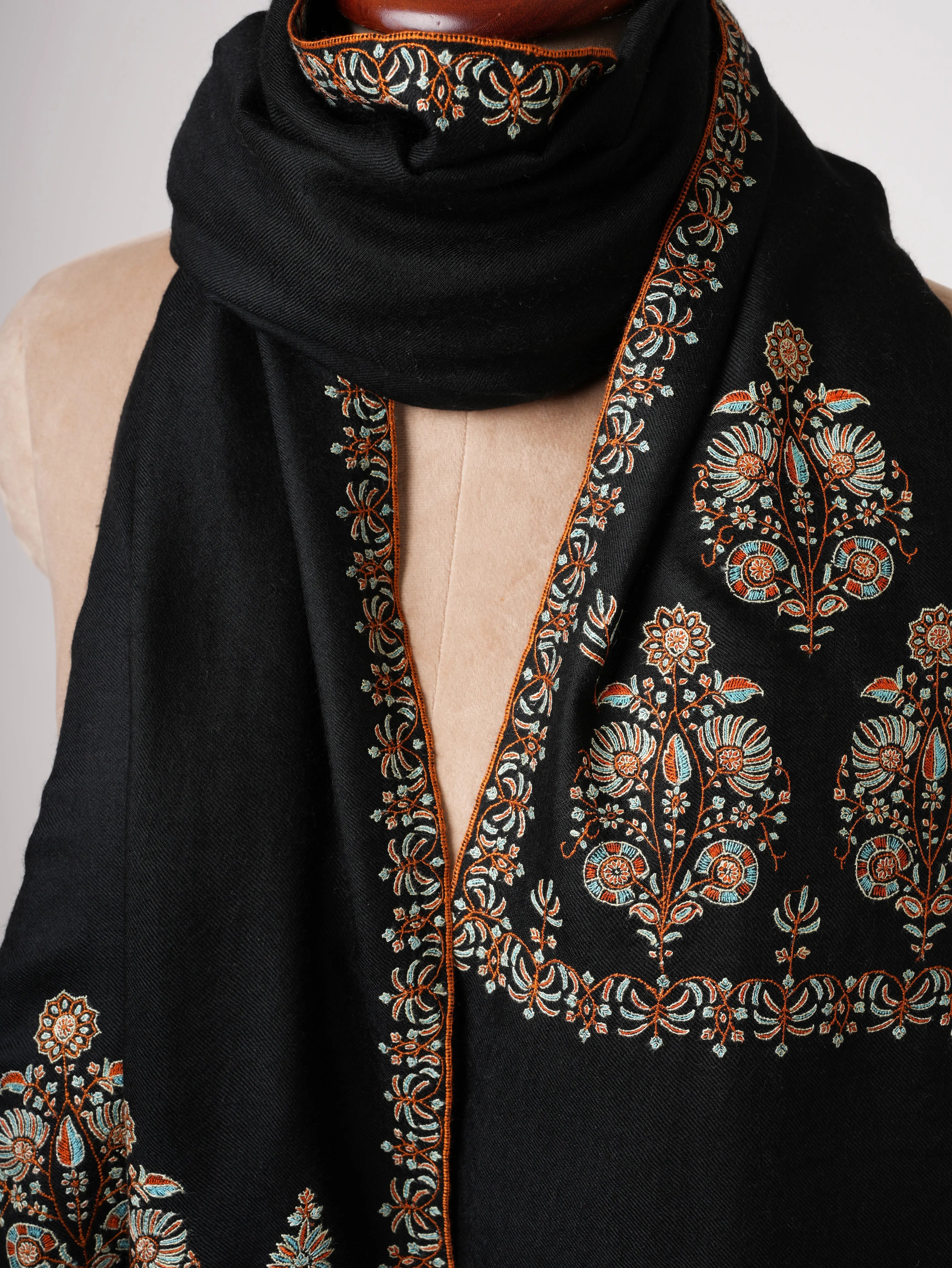 Black Soft Pashmina Shawl with Palla Hand Embroidery Shahkaar