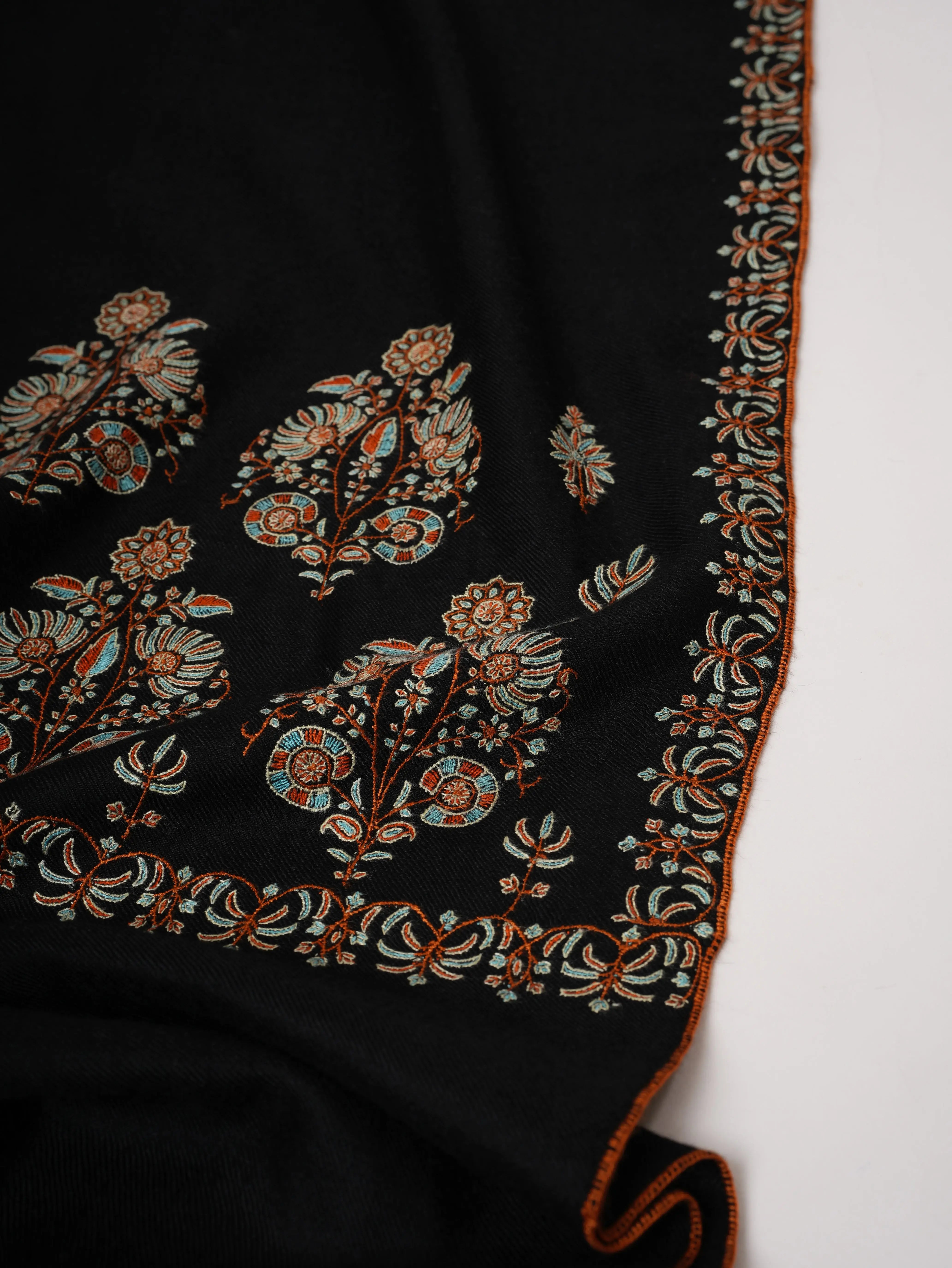 Black Soft Pashmina Shawl with Palla Hand Embroidery Shahkaar