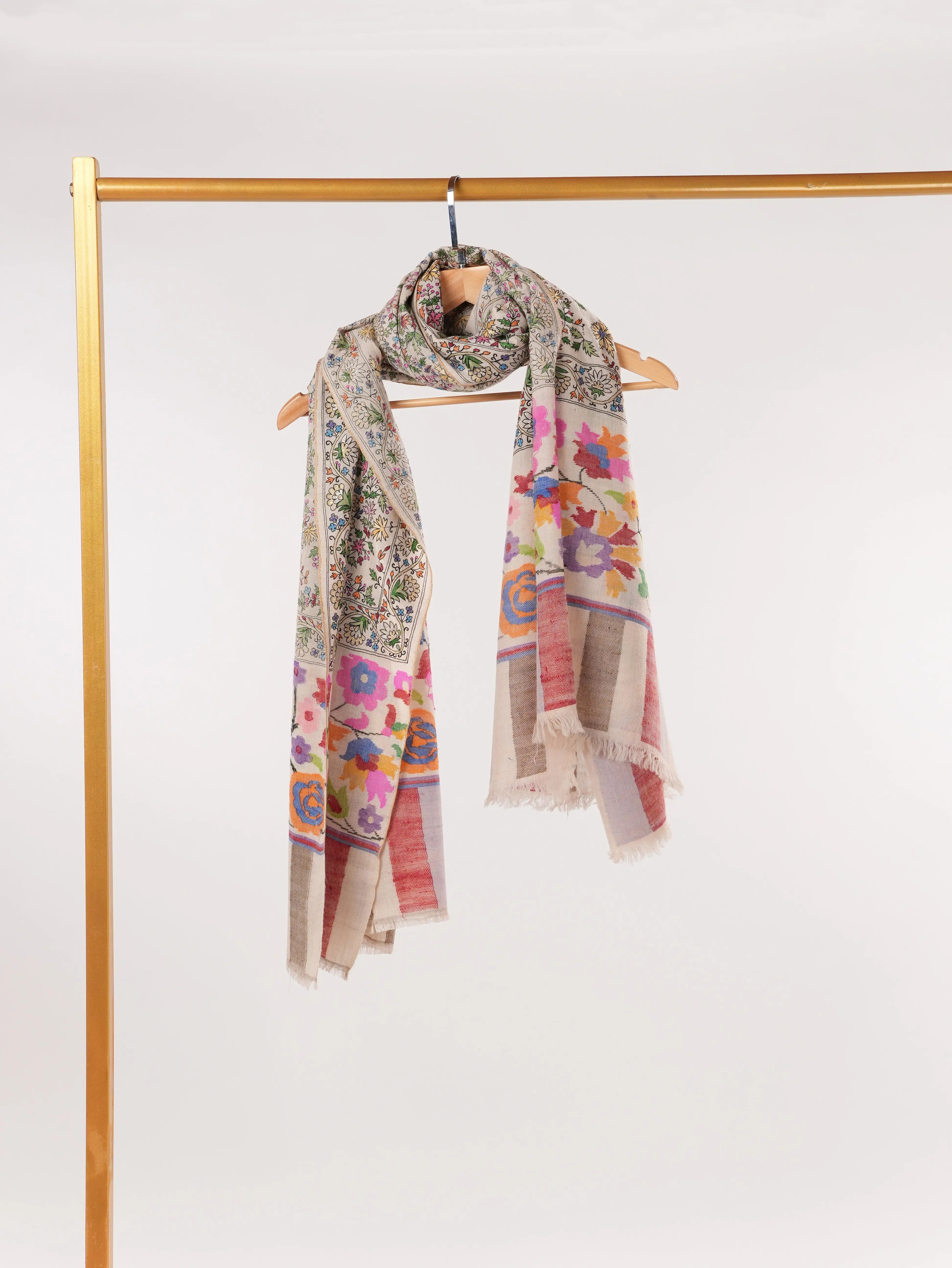 Natural White Handwoven Pashmina Shawl with Hand Kalamkari Embroidery Shahkaar.com