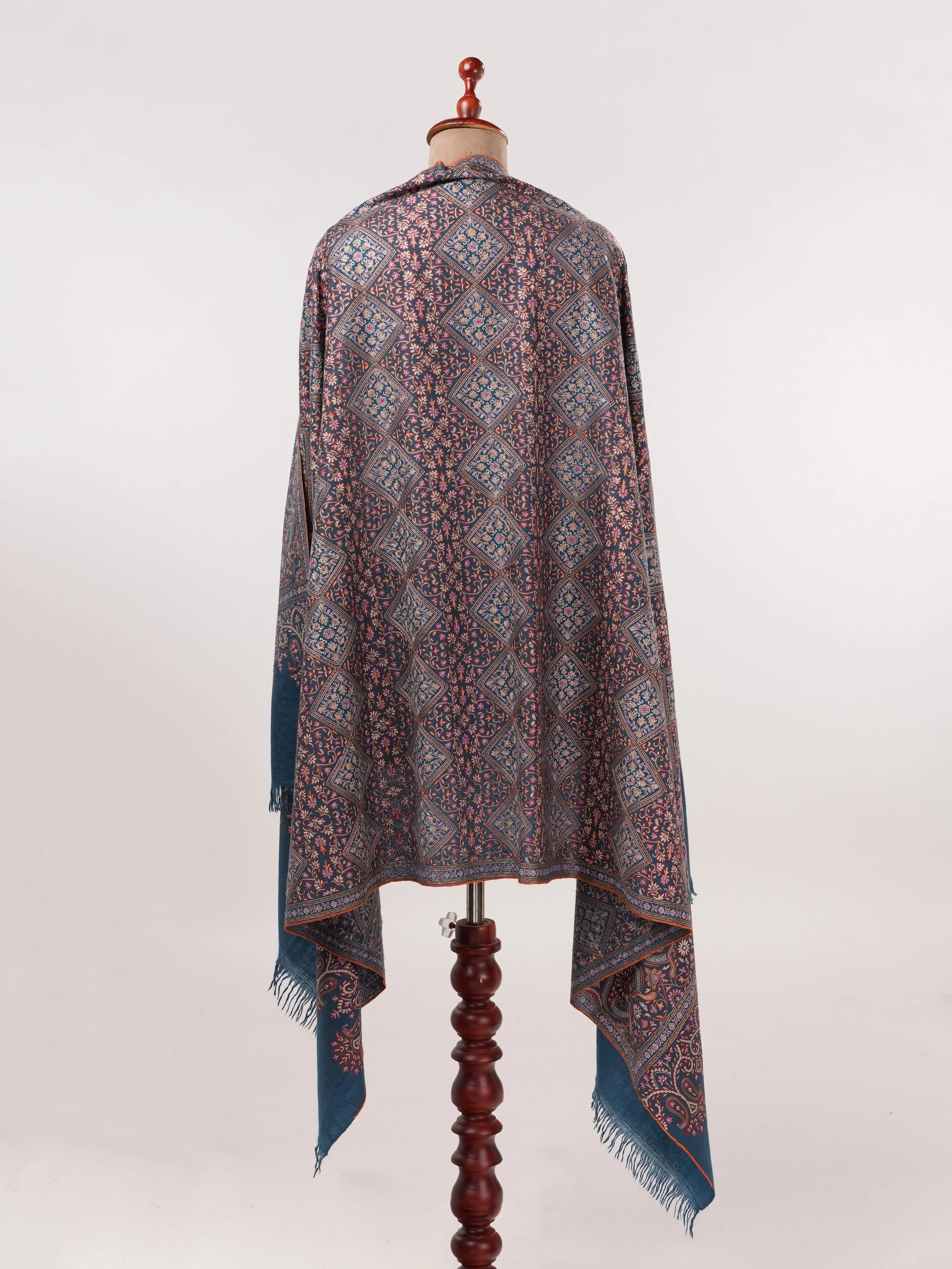 Kalamkari Handwoven Navy Blue Pashmina Shawl with Hand Embroidery Shahkaar.com