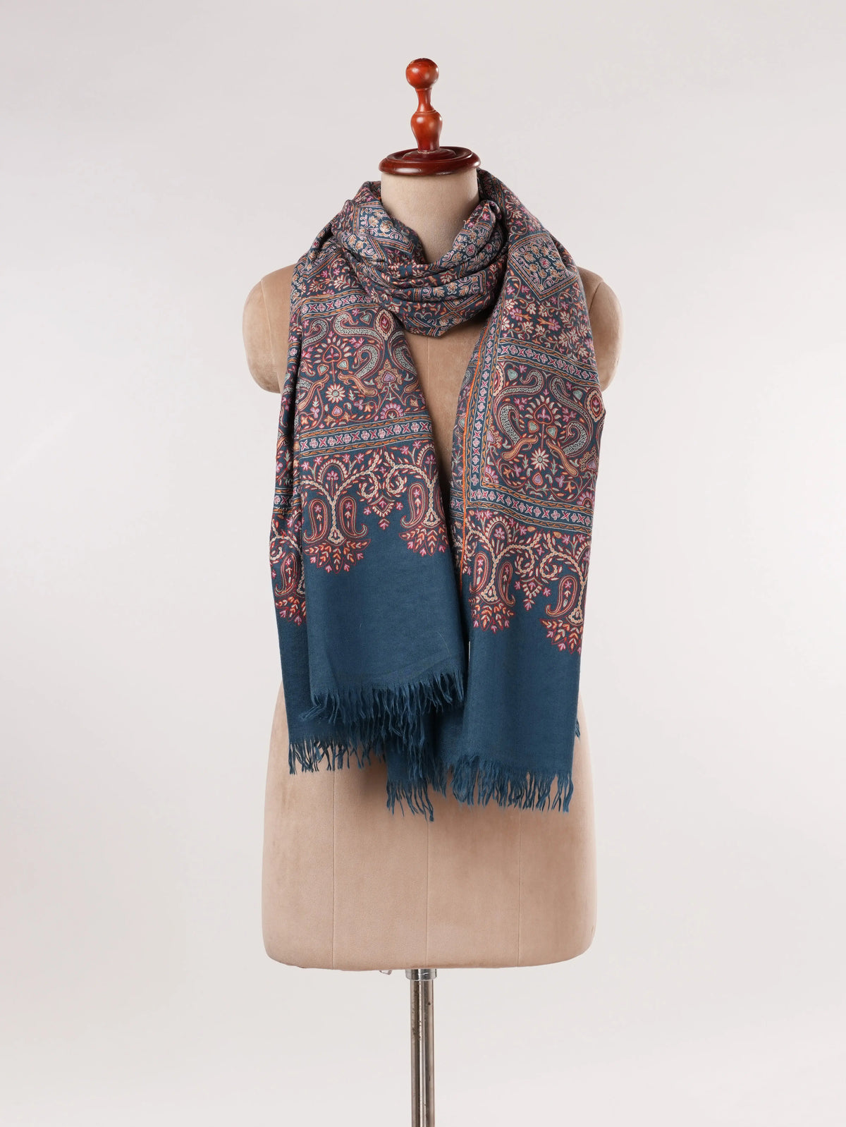 Kalamkari Handwoven Navy Blue Pashmina Shawl with Hand Embroidery Shahkaar.com