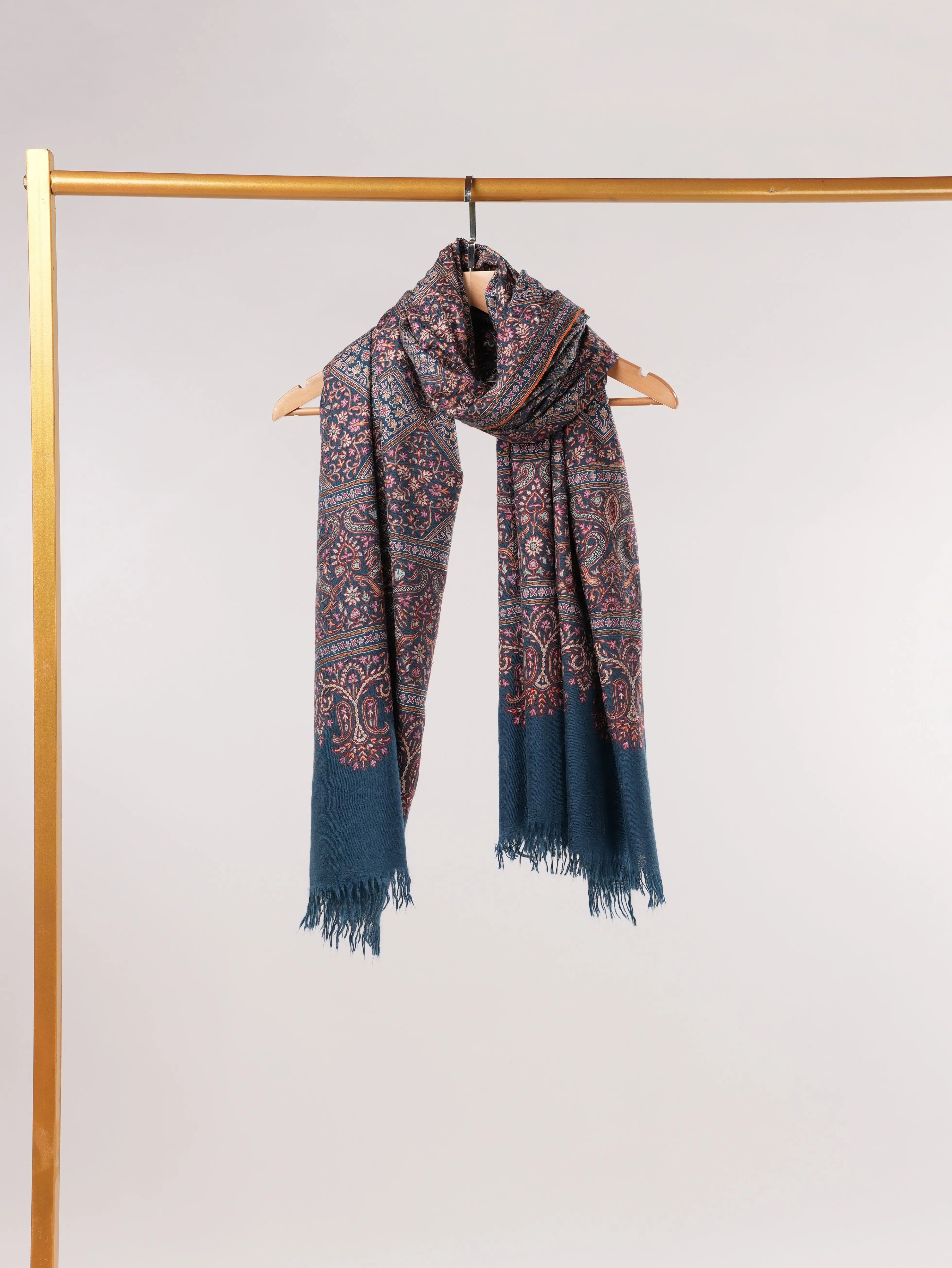 Kalamkari Handwoven Navy Blue Pashmina Shawl with Hand Embroidery Shahkaar.com