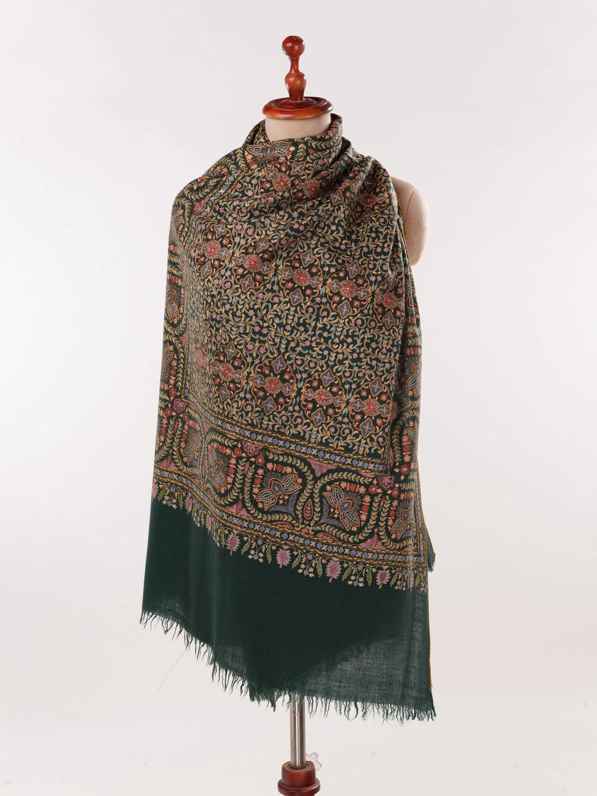 Dark Green Authentic Cashmere Scarf with Hook Embroidery