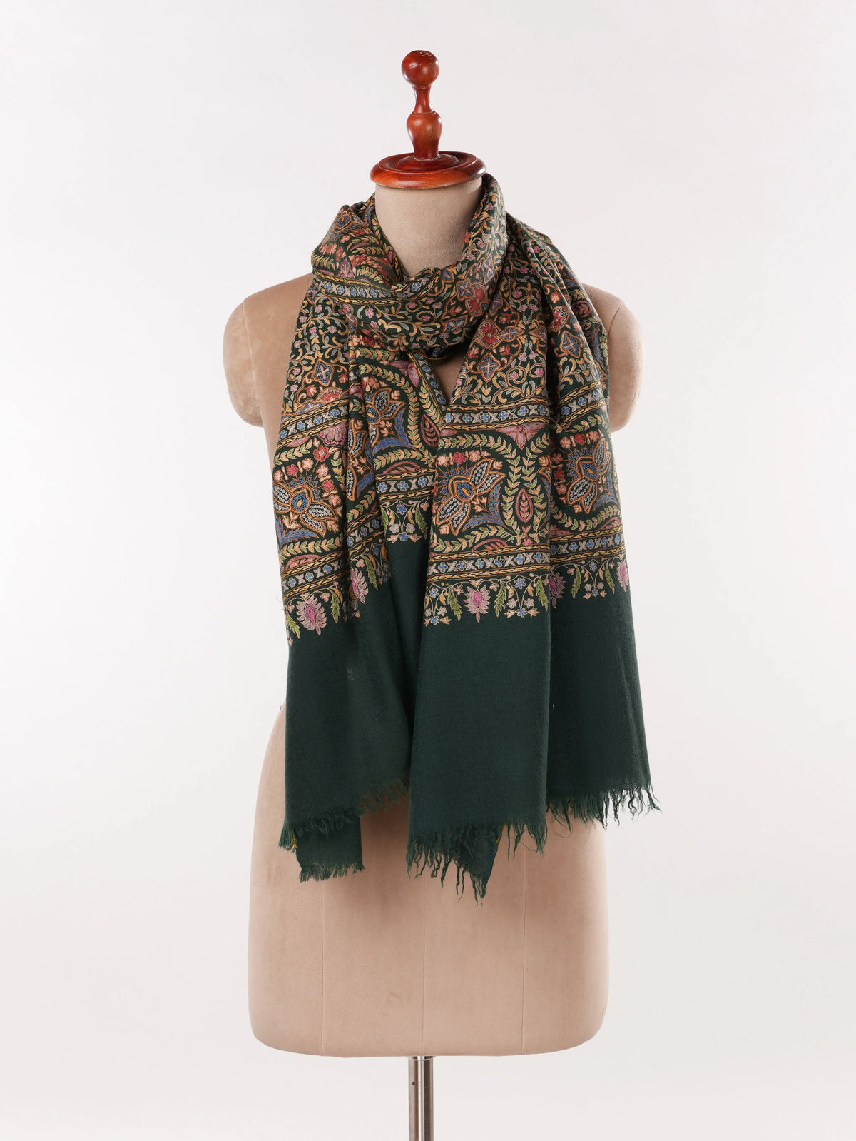 Dark Green Authentic Cashmere Scarf with Hook Embroidery