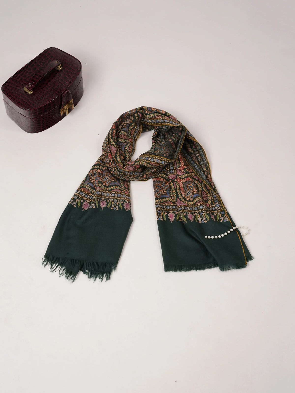 Dark Green Authentic Cashmere Scarf with Hook Embroidery