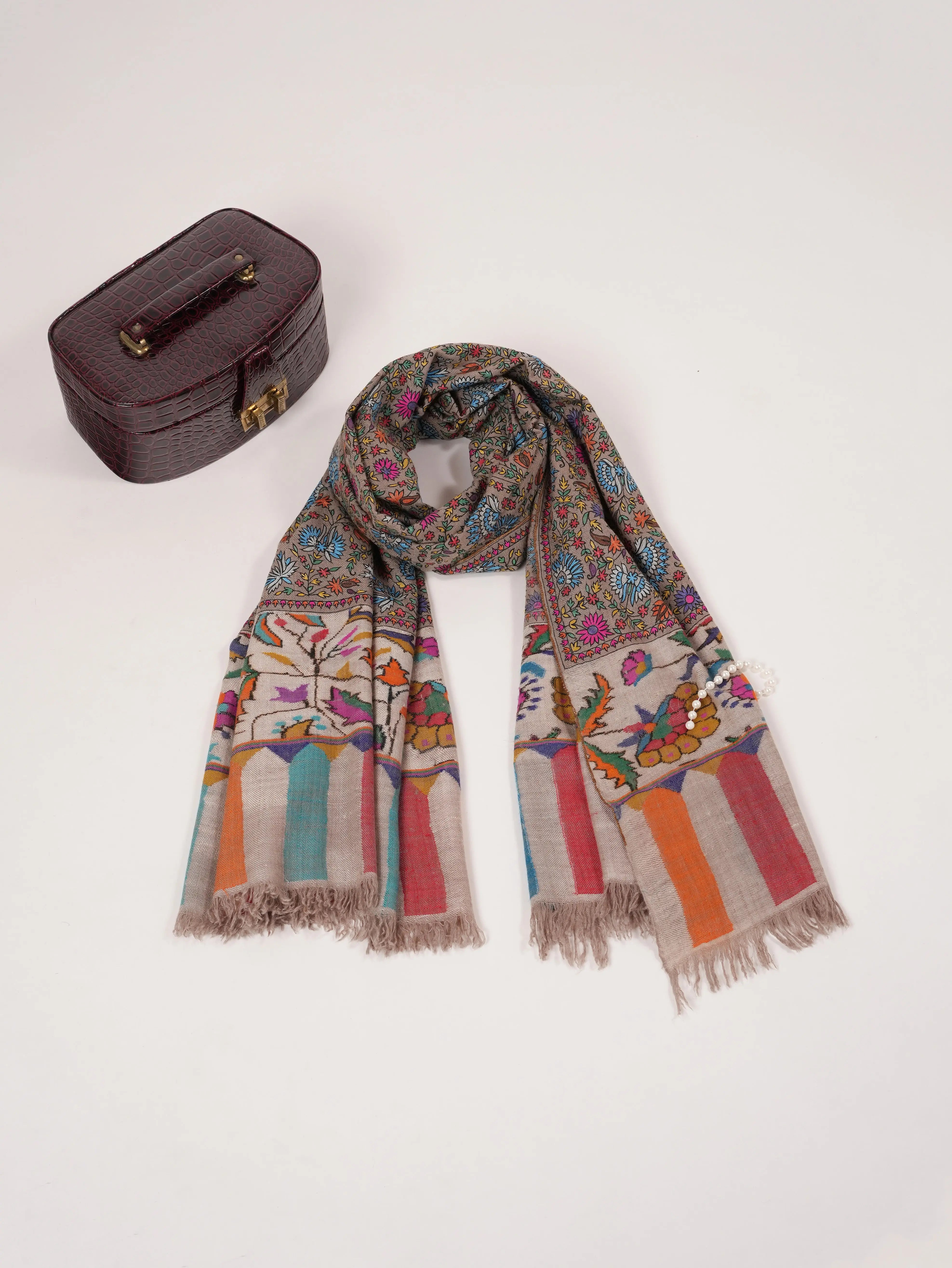 Kalamkari Taupe Handwoven Pashmina Shawl with Hand Embroidery Shahkaar.com