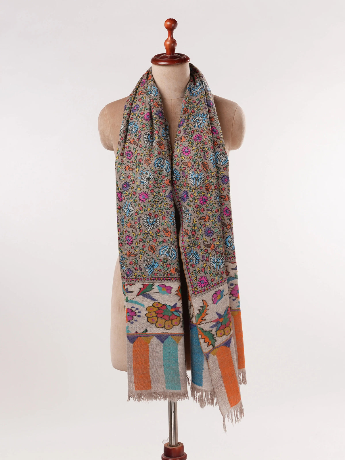 Kalamkari Taupe Handwoven Pashmina Shawl with Hand Embroidery Shahkaar.com