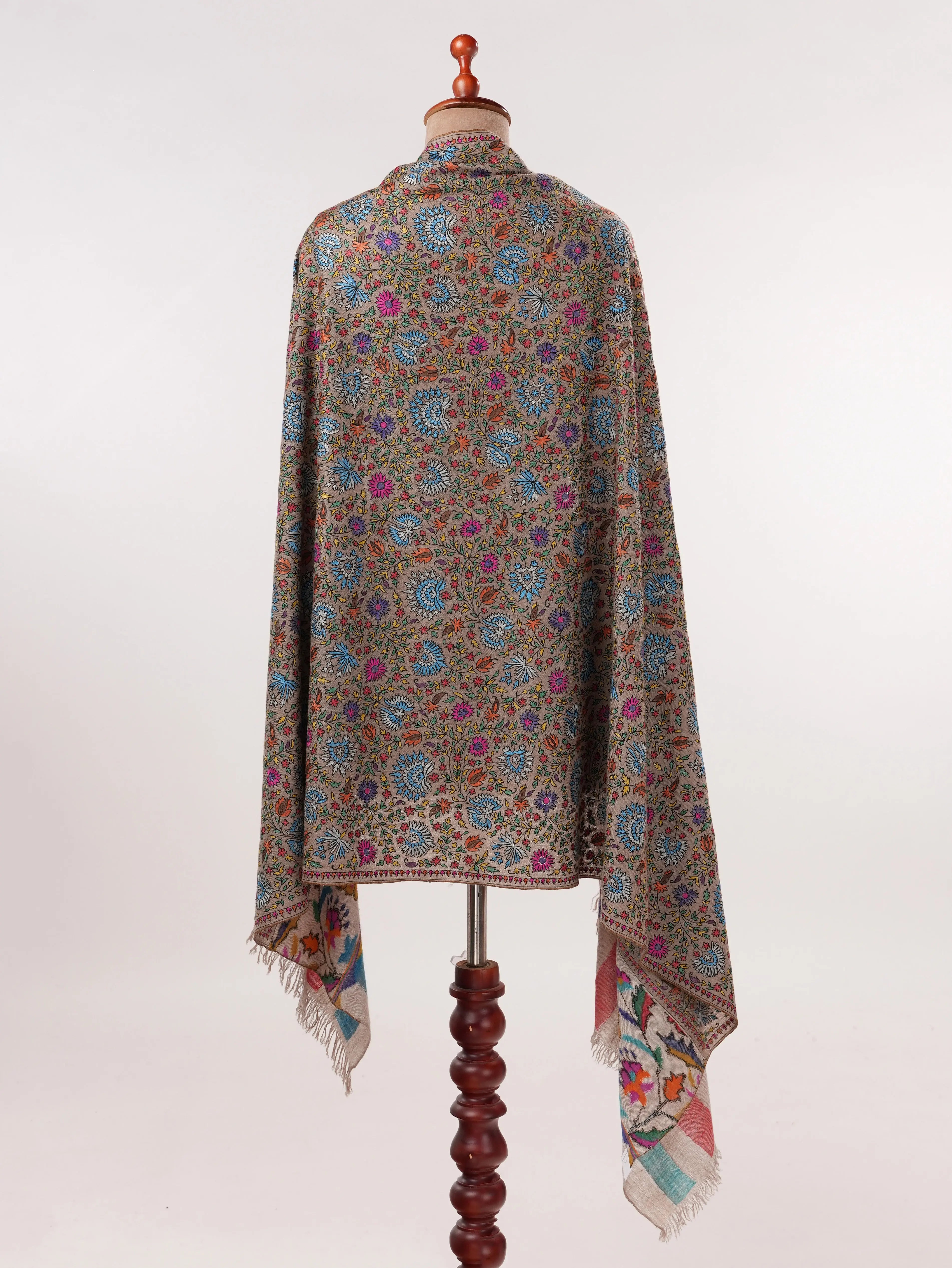 Kalamkari Taupe Handwoven Pashmina Shawl with Hand Embroidery Shahkaar.com