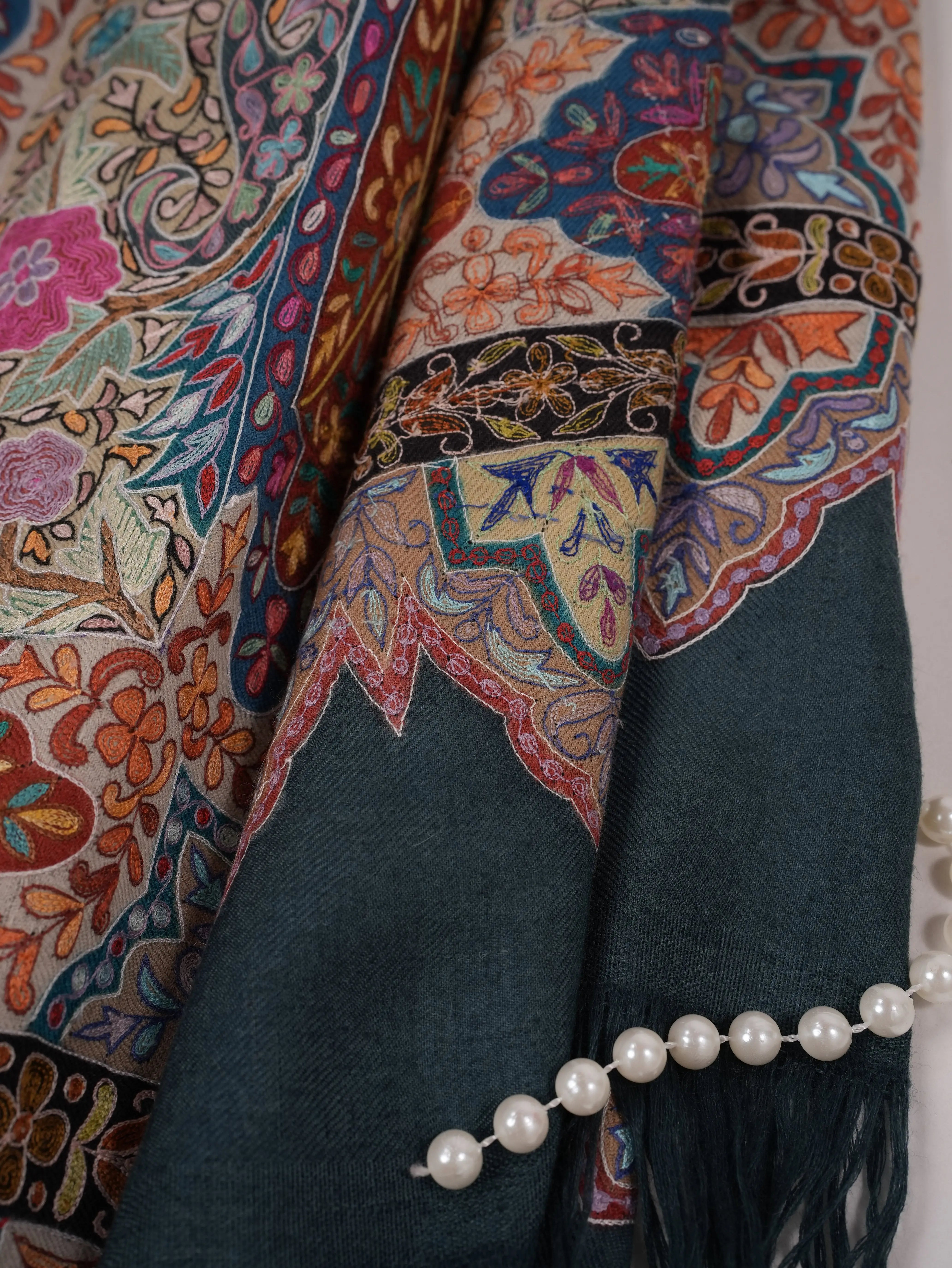 Hand Embroidered Kalamkari Authentic Grey Handwoven Pashmina Shawl Shahkaar.com