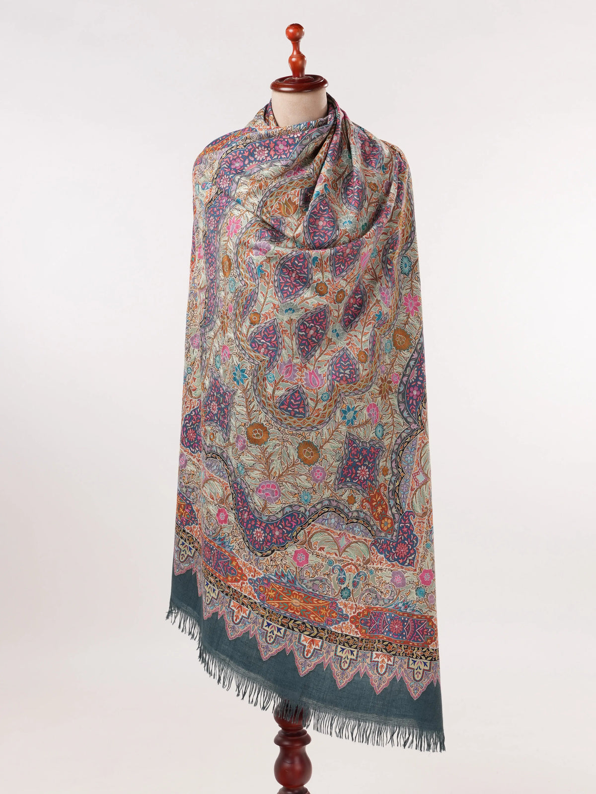 Hand Embroidered Kalamkari Authentic Grey Handwoven Pashmina Shawl Shahkaar.com