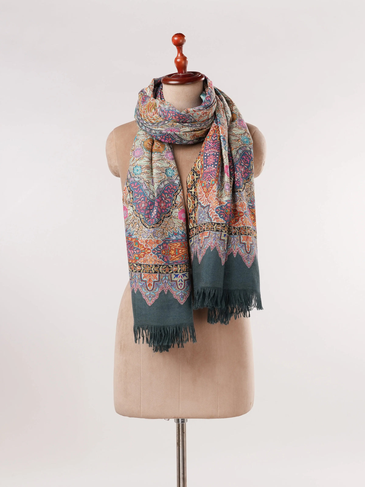 Hand Embroidered Kalamkari Authentic Grey Handwoven Pashmina Shawl Shahkaar.com
