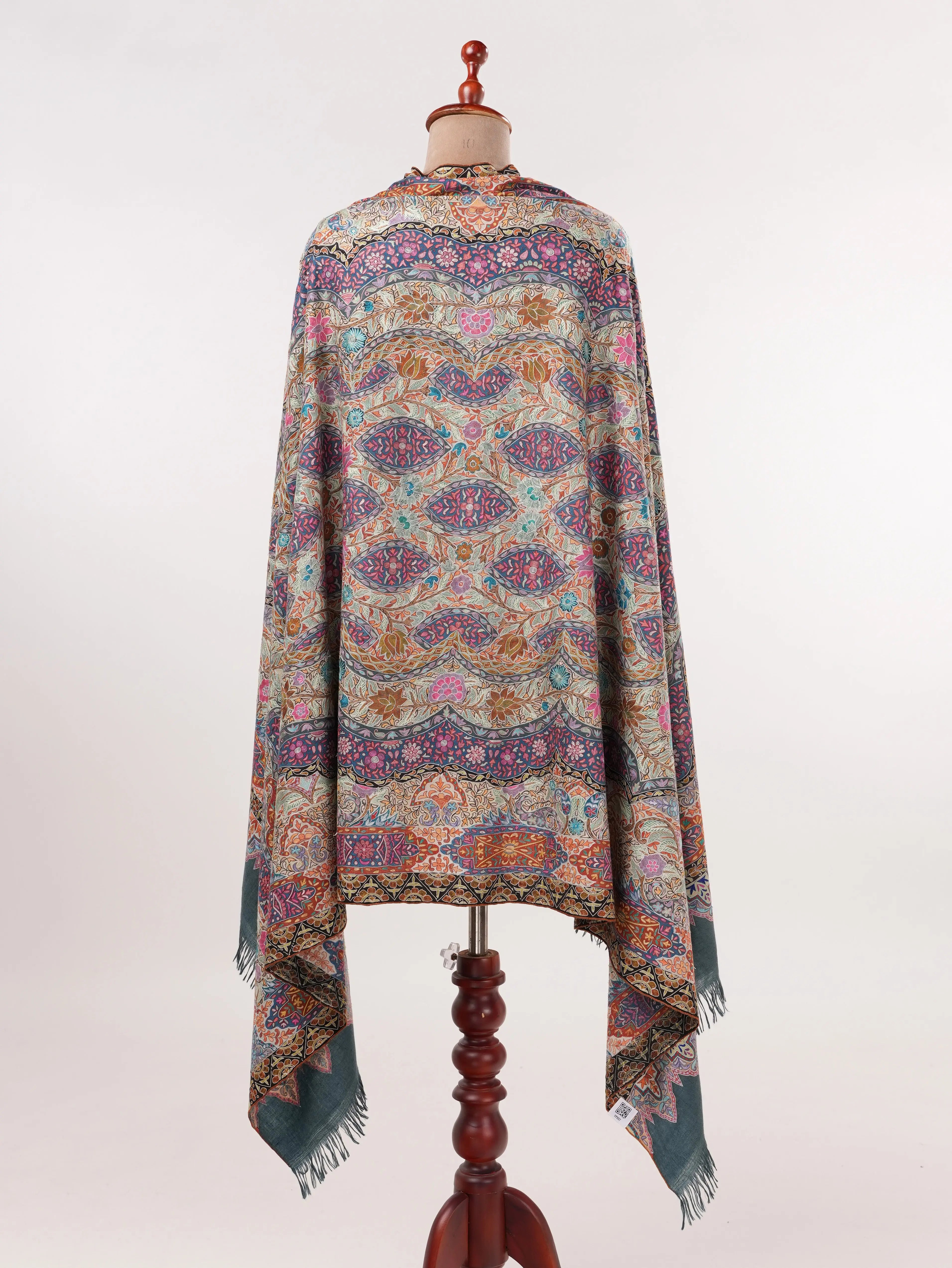 Hand Embroidered Kalamkari Authentic Grey Handwoven Pashmina Shawl Shahkaar.com