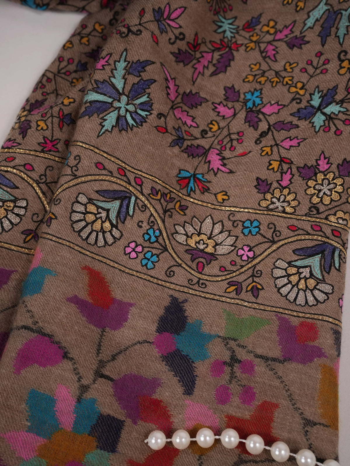 Kalamkari Hand Embroidered Taupe Handwoven Pashmina Shawl Shahkaar.com